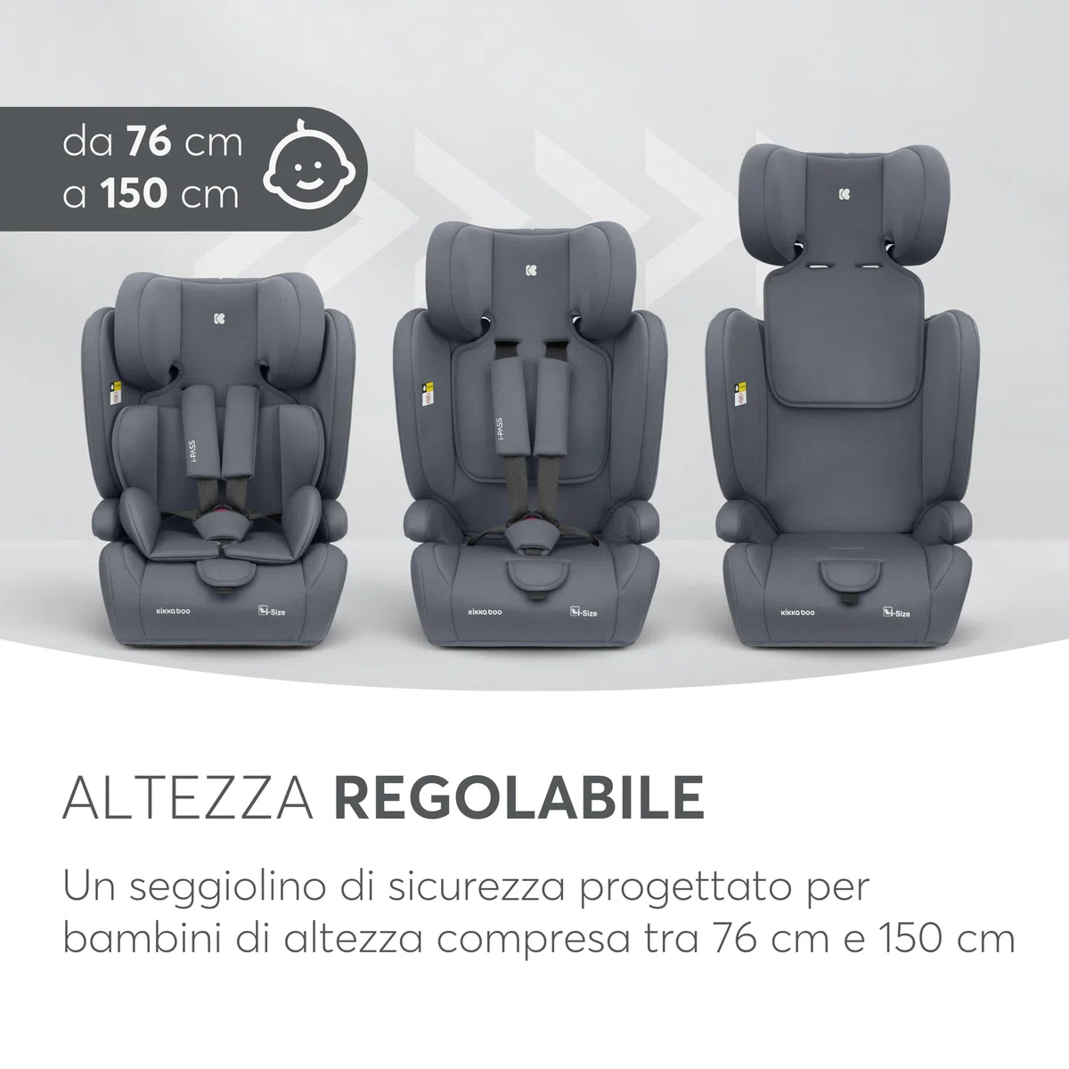 KikkaBoo Seggiolino Auto 9-36 kg i-PASS, Gruppo 1/2/3, Da 15 Mesi a 12 Anni, i-Size 76-150 cm, Poggiatesta Regolabile 13 Posizioni, Grigio