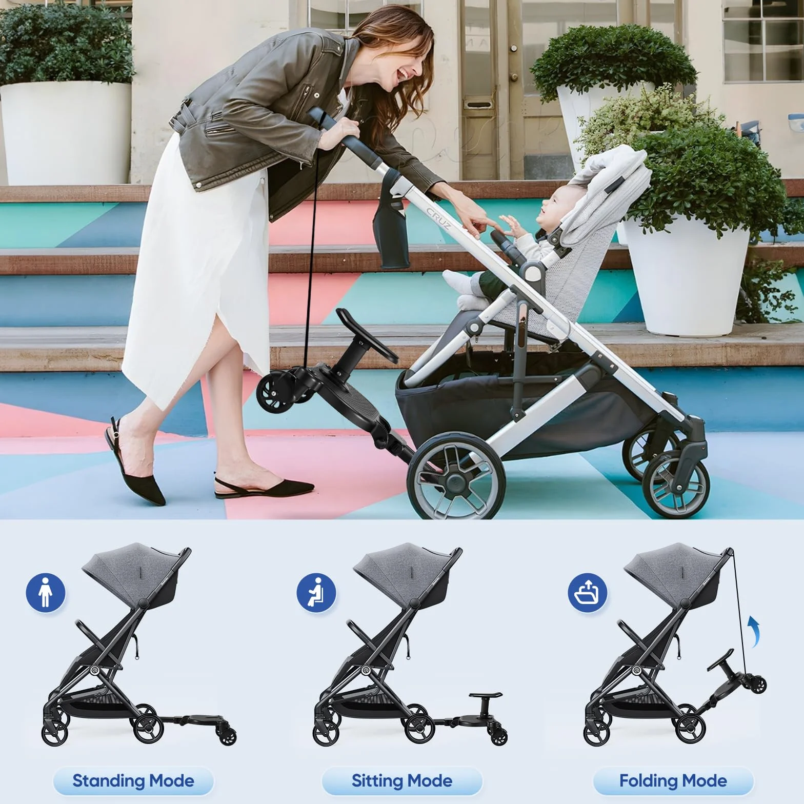 Pedana Passeggino Universale con Sellino,Tavolette Portatili per Passeggini Adatto al 99% dei passeggini, Design a due Ruote, Accessorio per Passeggino per Bambini di 2-6 anni 25 kg, Nero