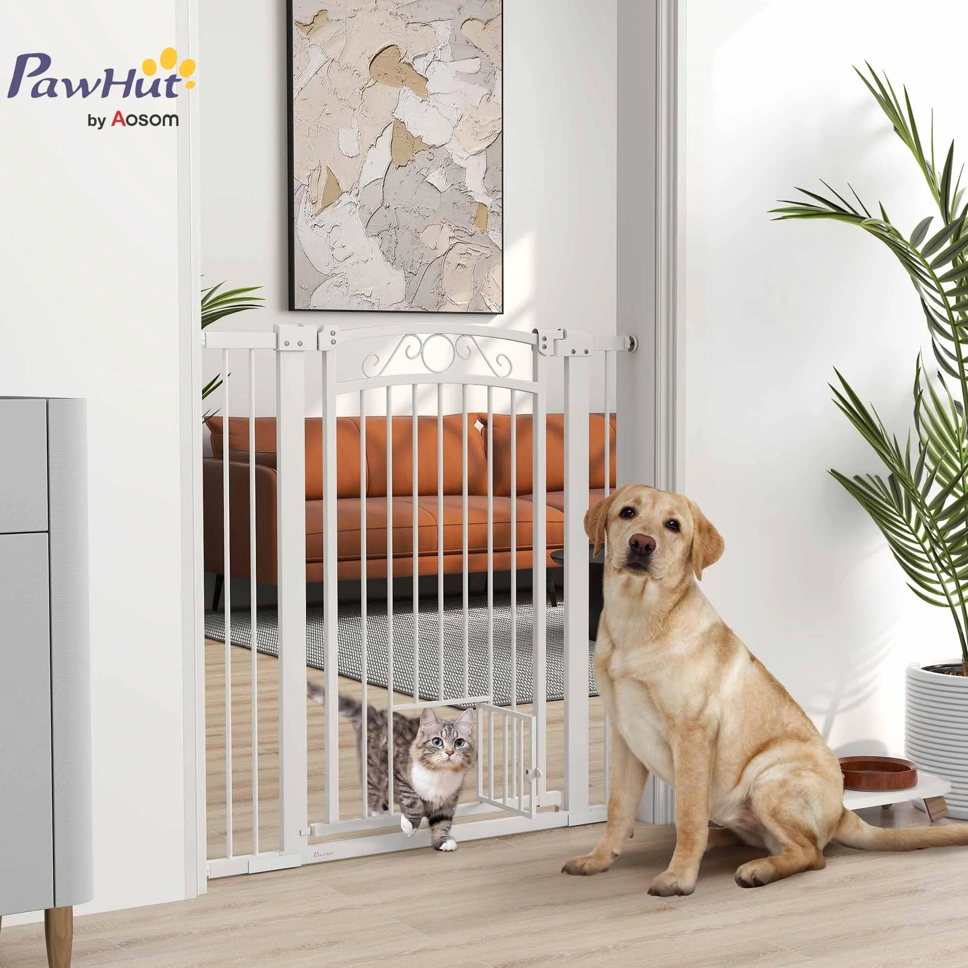 PawHut Cancelletto di Sicurezza per Cani da Interno 76-104 cm con Porta per Gatti, Alto 106 cm, Bianco