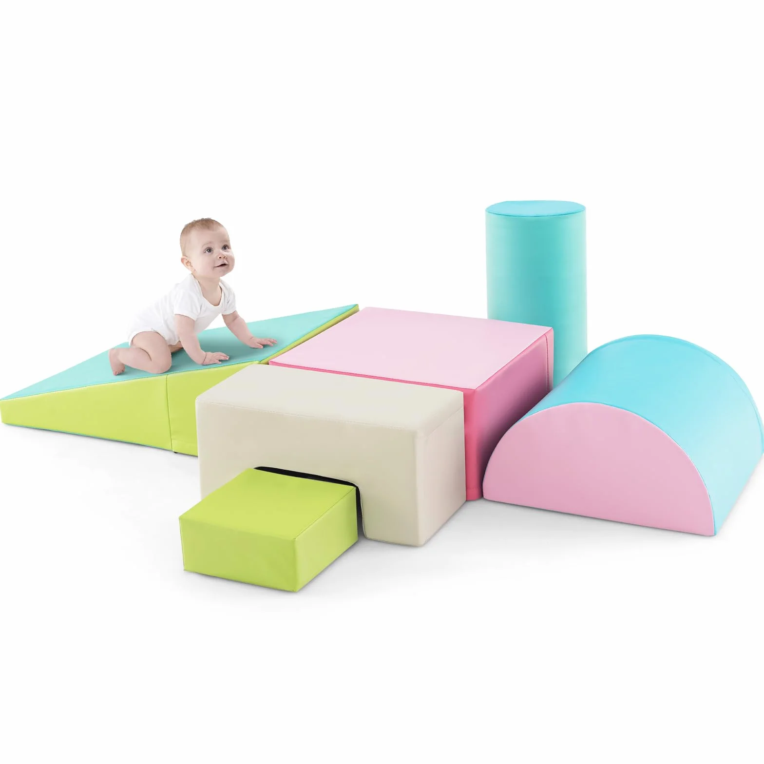 COSTWAY Set di 6 Blocchi per Bambini con Diverse Forme e Colori, Centro Attività Palestrina Giocattolo per Arrampicata e Strisciamento (Verde)