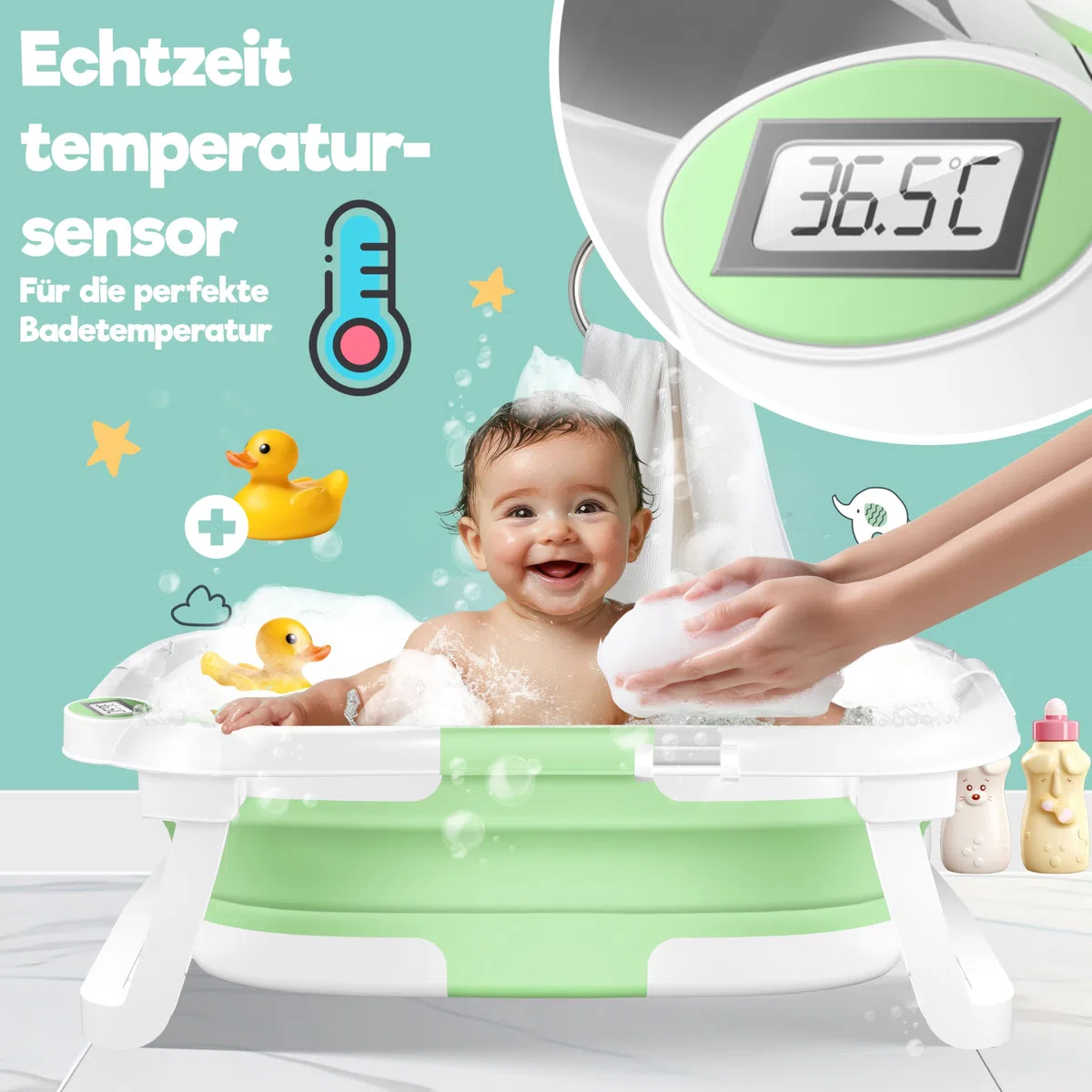 KIDIZ Vasca da bagno per bambini | Navicella salvaspazio e pieghevole | Piatto doccia per neonati da 0 a 24 mesi | Doccia da viaggio portatile per bambini | Bathtub ergonomico con termostato e cuscino