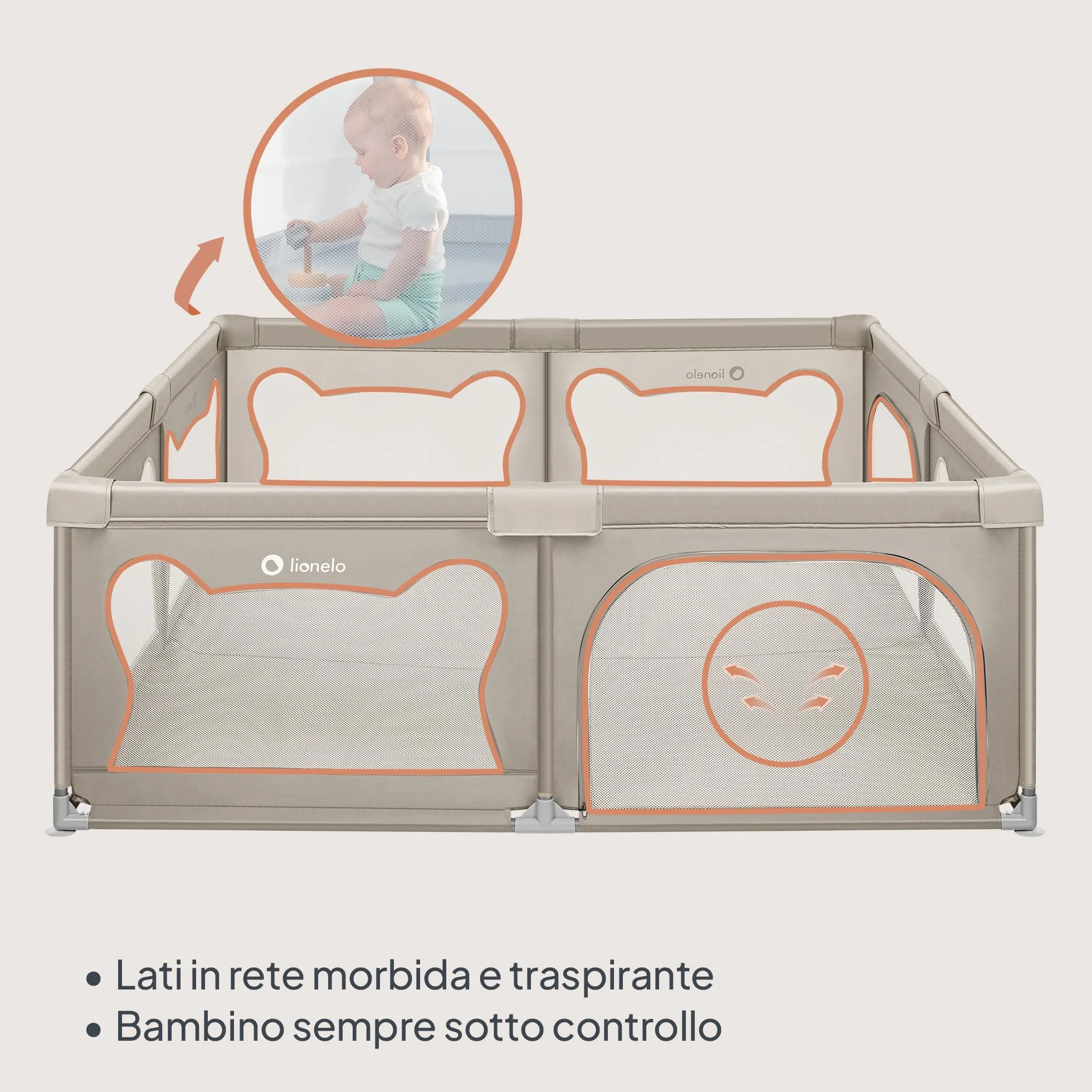 LIONELO WILLOW XL Box Pieghevole Per Bambini 0-48 Mesi Rete Traspirante 207x187 cm Beige