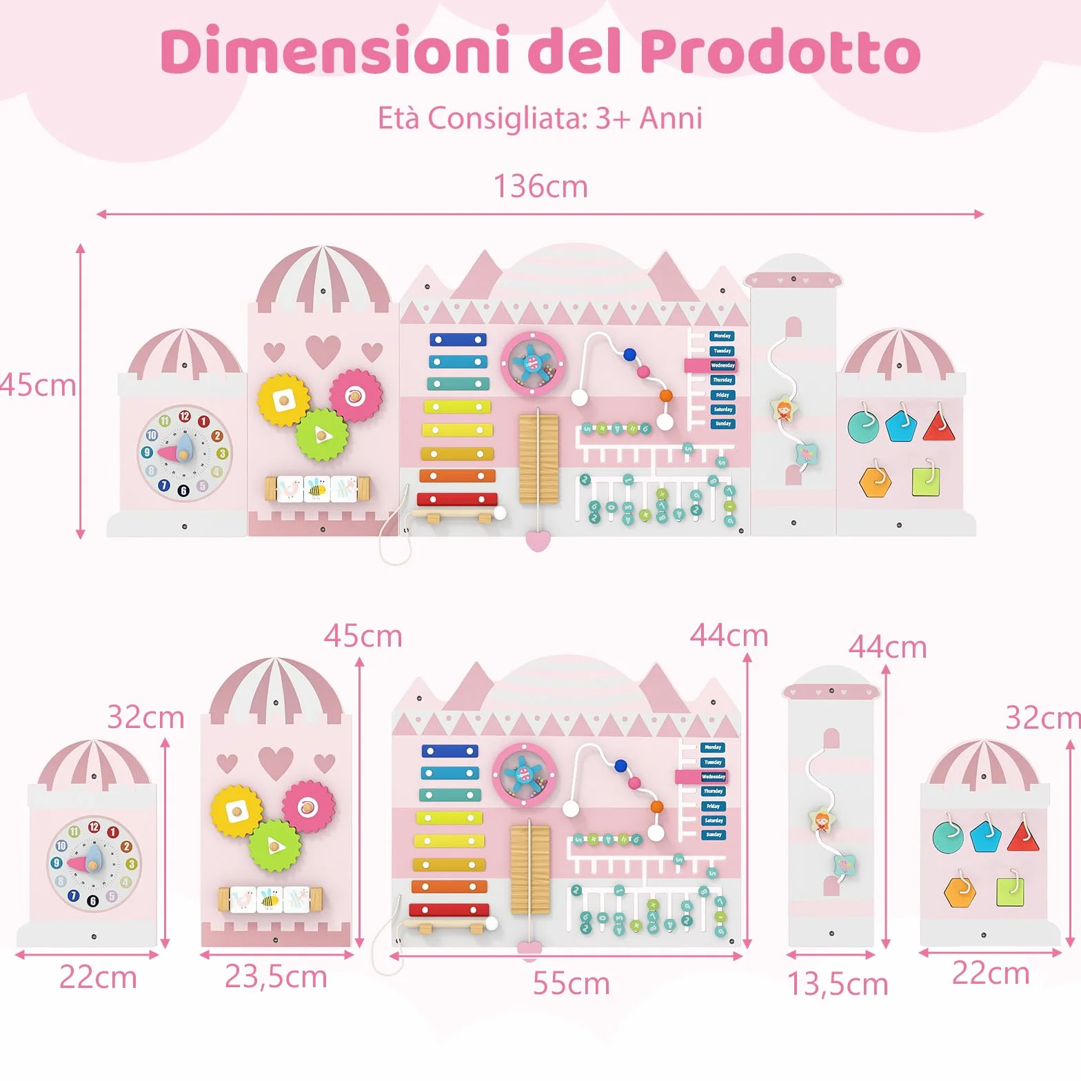 COSTWAY Pannelli da Parete con attività, Busy Board 11 in 1 Montessori in Legno per Sviluppo Sensoriale, Centro di attività Educativo Montato a Parete per Stanza Giochi, Asilo Nido (Castello)