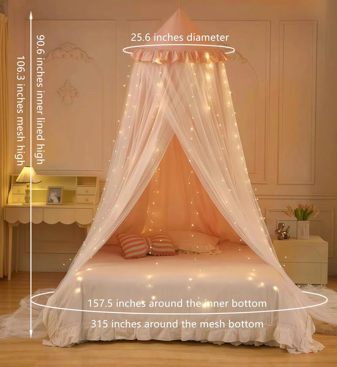 Baldacchino per letto da principessa per bambine, baldacchino a doppio strato con 250 luci per tende bianche calde, adatto per letto singolo/matrimoniale - Tenda per letto fatato per