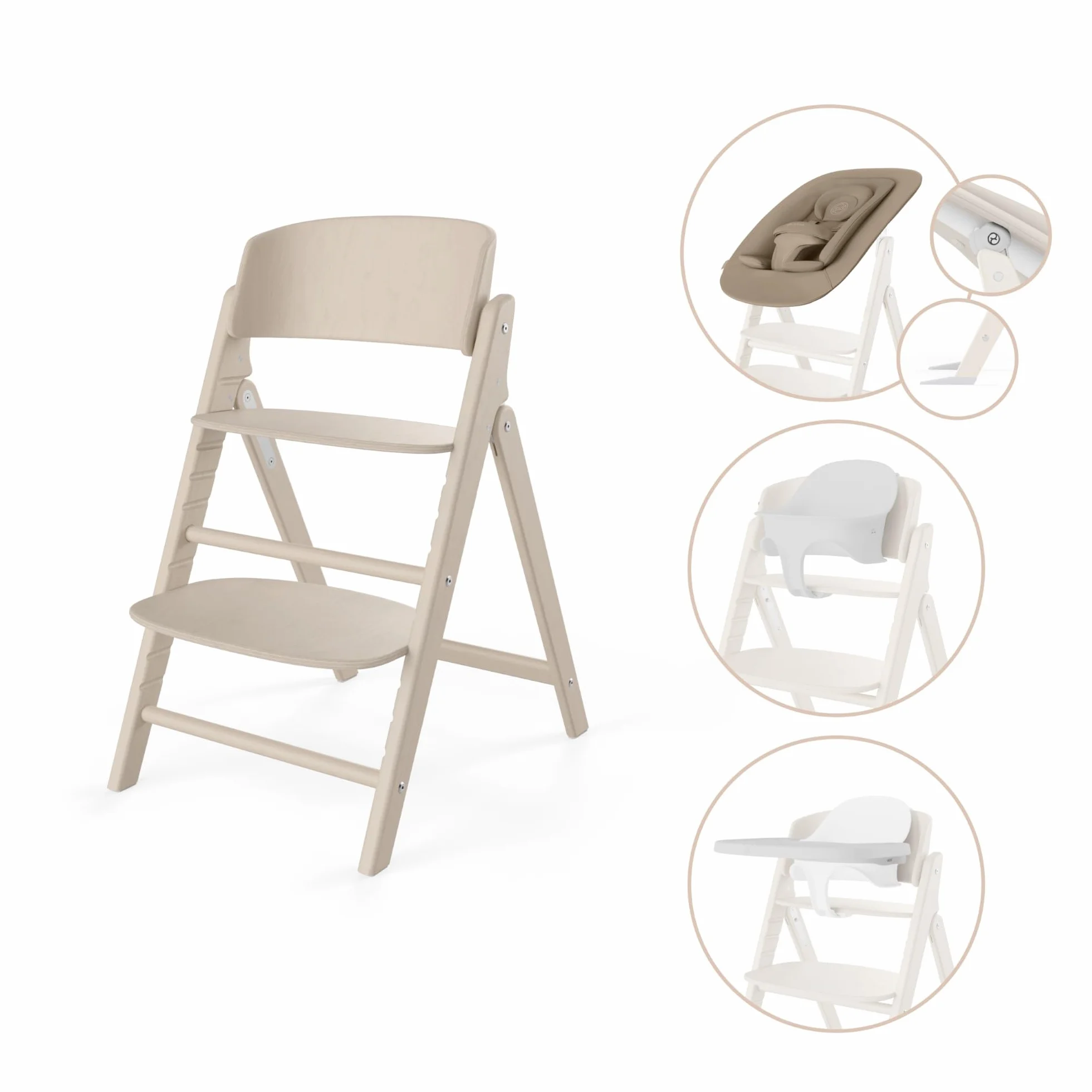CYBEX Gold CLICK & FOLD Set seggiolone 4in1, cresce con il bambino, dalla nascita fino a 99 anni, incl. Gold Bouncer Nest, set per neonati e vassoio, legno di faggio/cotone/plastica, Light Natural