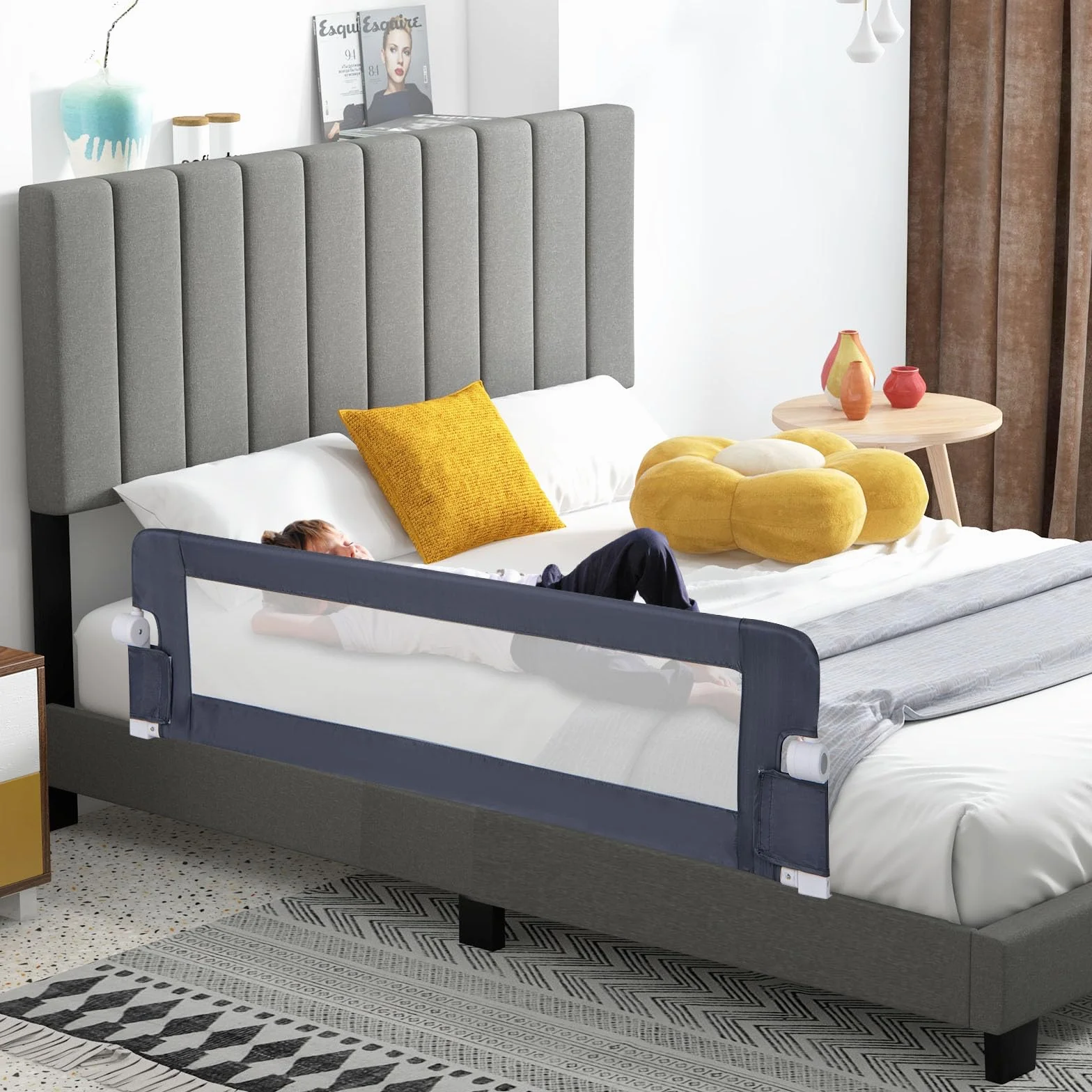 COSTWAY Sponda Letto per Bambini 105/120/150 cm, Barriera di Sicurezza per Neonati, Barriera Letto Pieghevole e Portatile, con Cinghia di Sicurezza (Grigio, 152 x 34 x 42 cm)