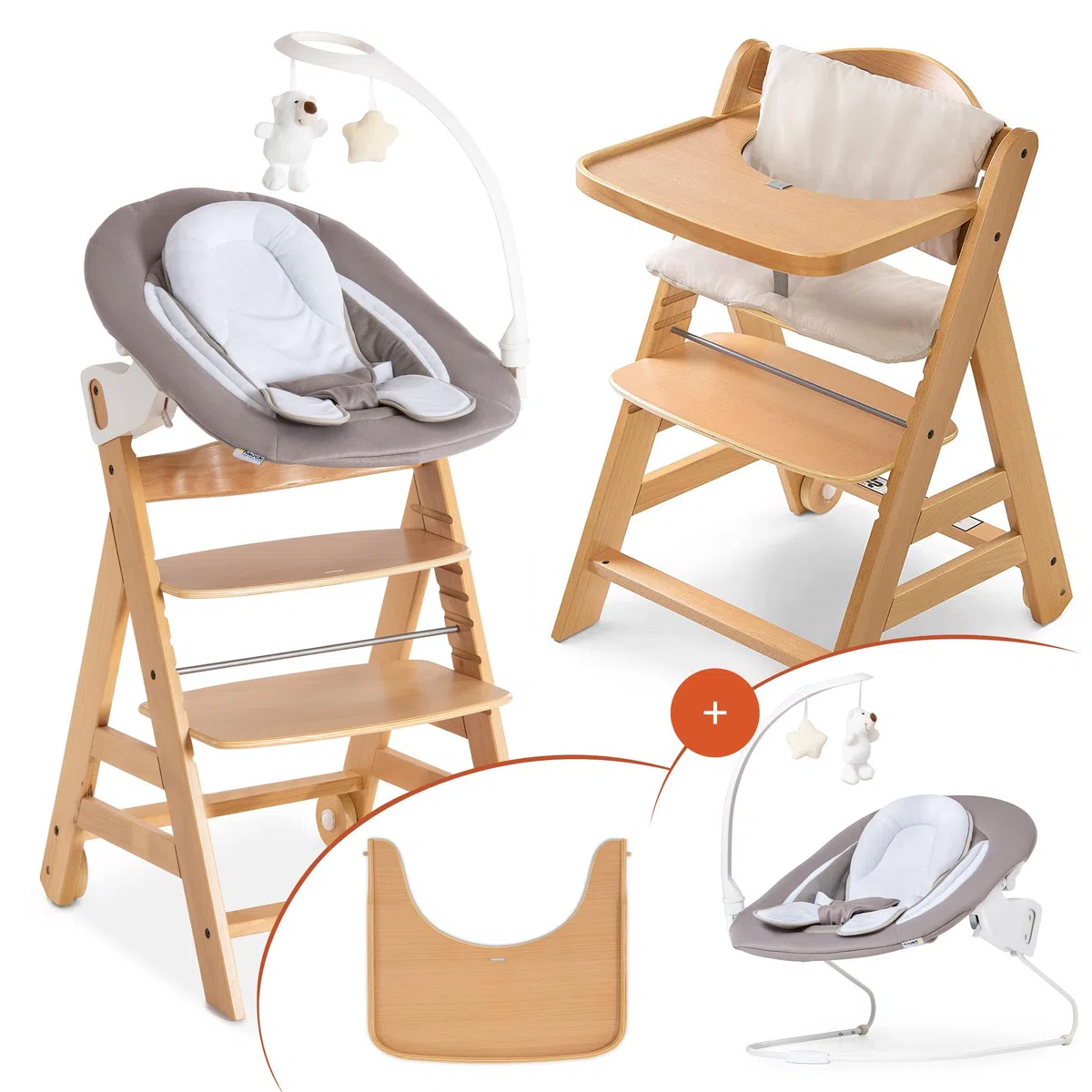 hauck Alpha Move Set Deluxe - Seggiolone in Legno Evolutivo Da 0 Mesi - Sedia Bambini Regolabile con Sdraietta Neonato Reclinabile, Cuscino e Vassoio - Naturale, Grigio