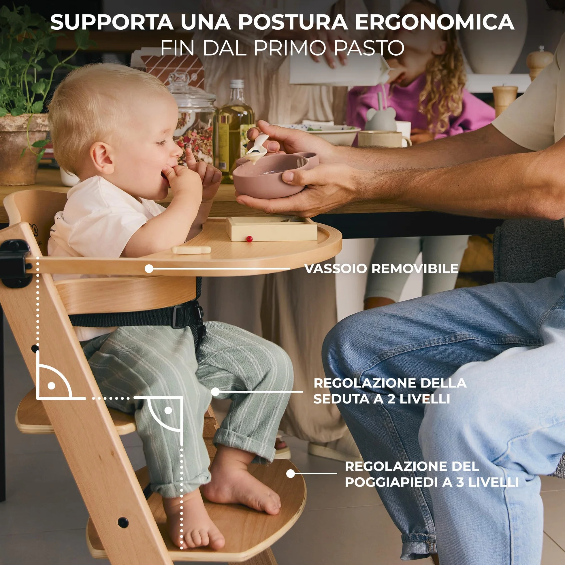 Kinderkraft ENOCK Seggiolone Pappa + Sdraietta CALMEE Legno Evolutivo Multifunzionale Sedia Ergonomica Altezza Regolabile 6 Mesi 10 Anni