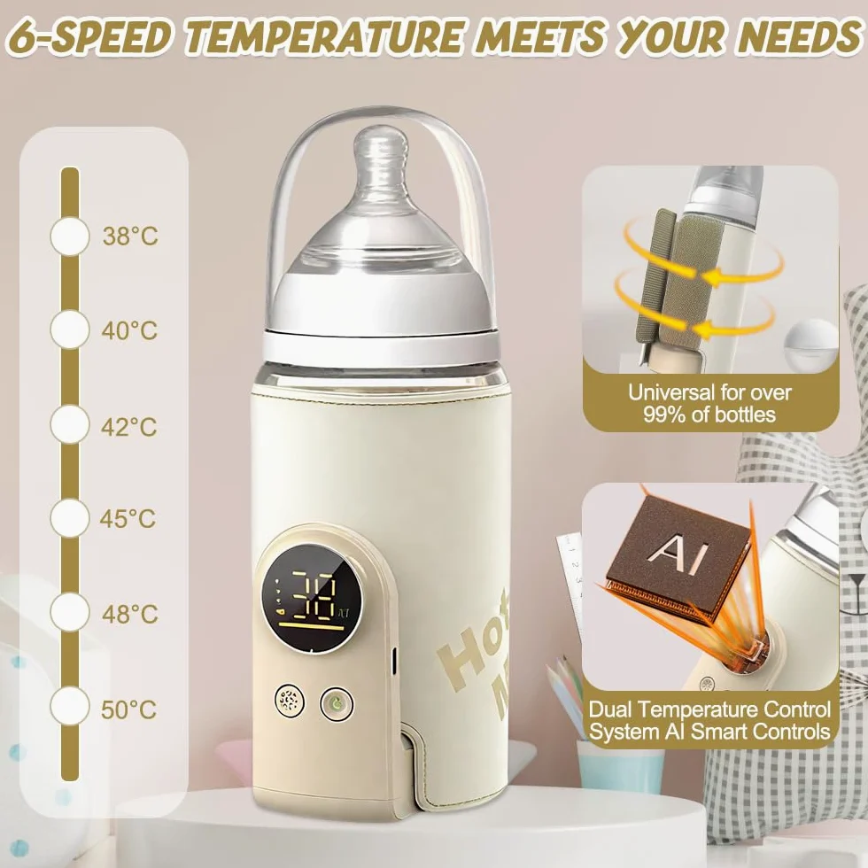 NAVESO Scaldabiberon Portatile per Mantenere la Temperatura, Scaldabiberon Baby USB con 6 Livelli di Temperatura Regolabili, Scaldabiberon Portatile Senza Fili per Latte Materno o Artificiale
