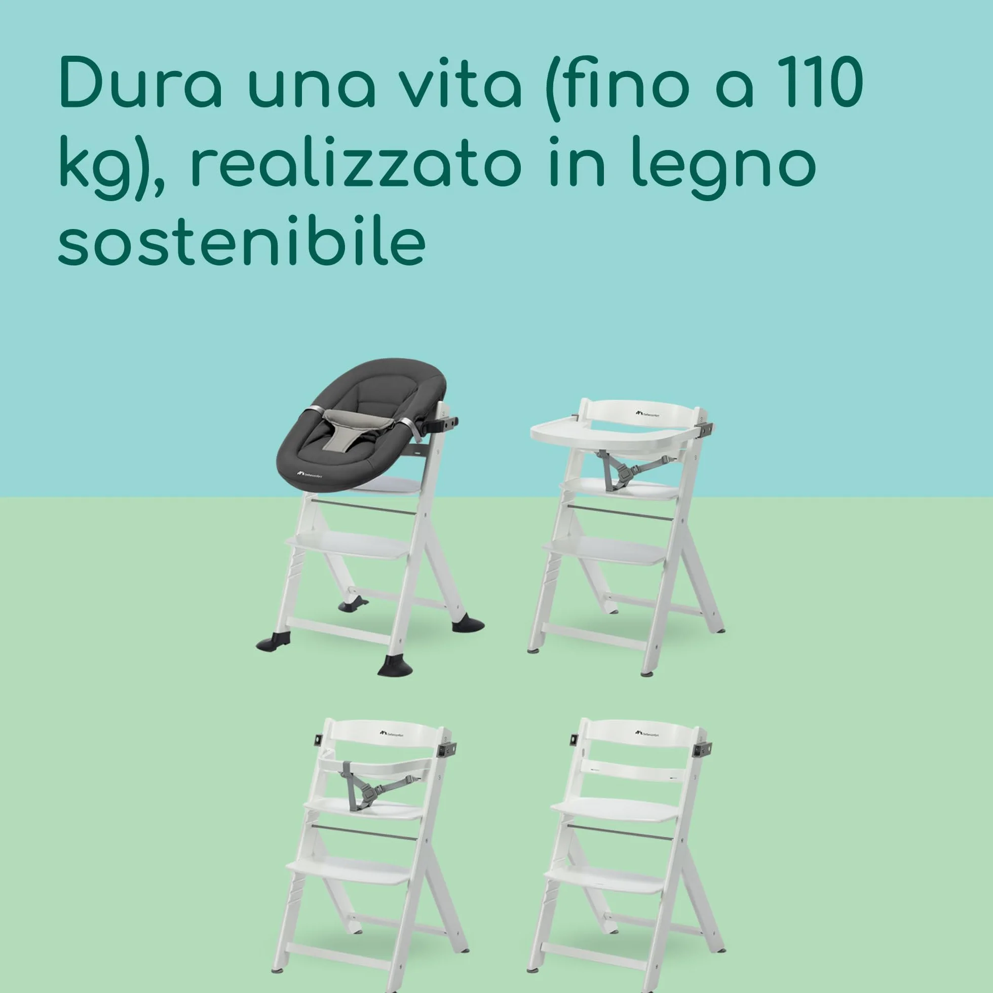 Bebeconfort Timba 2 Seggiolone Pappa Evolutivo in Legno, 6+ Mesi, 110 kg, Bianco