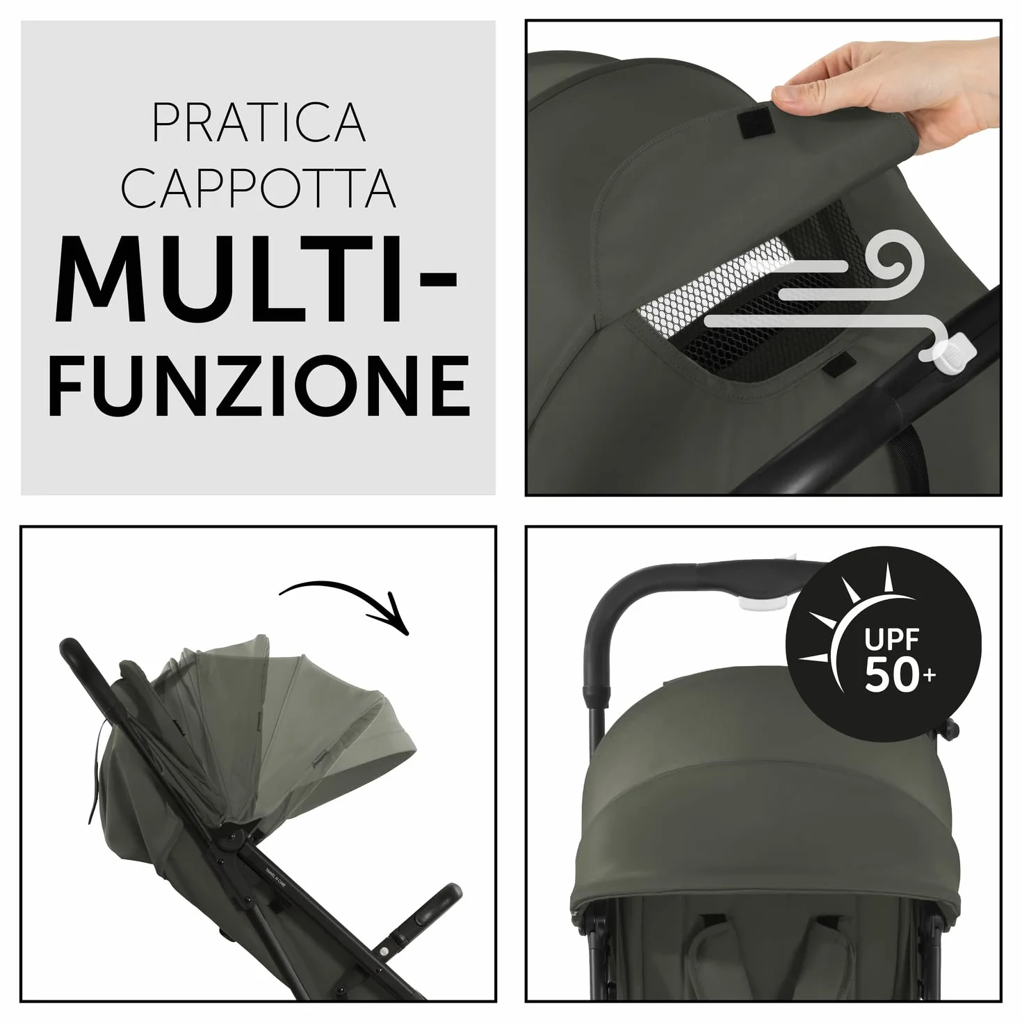 Hauck Travel N Care Passeggino Da Viaggio Reclinabile Ultraleggero 6,9kg UPF50+ Ruote EVA Verde Oliva