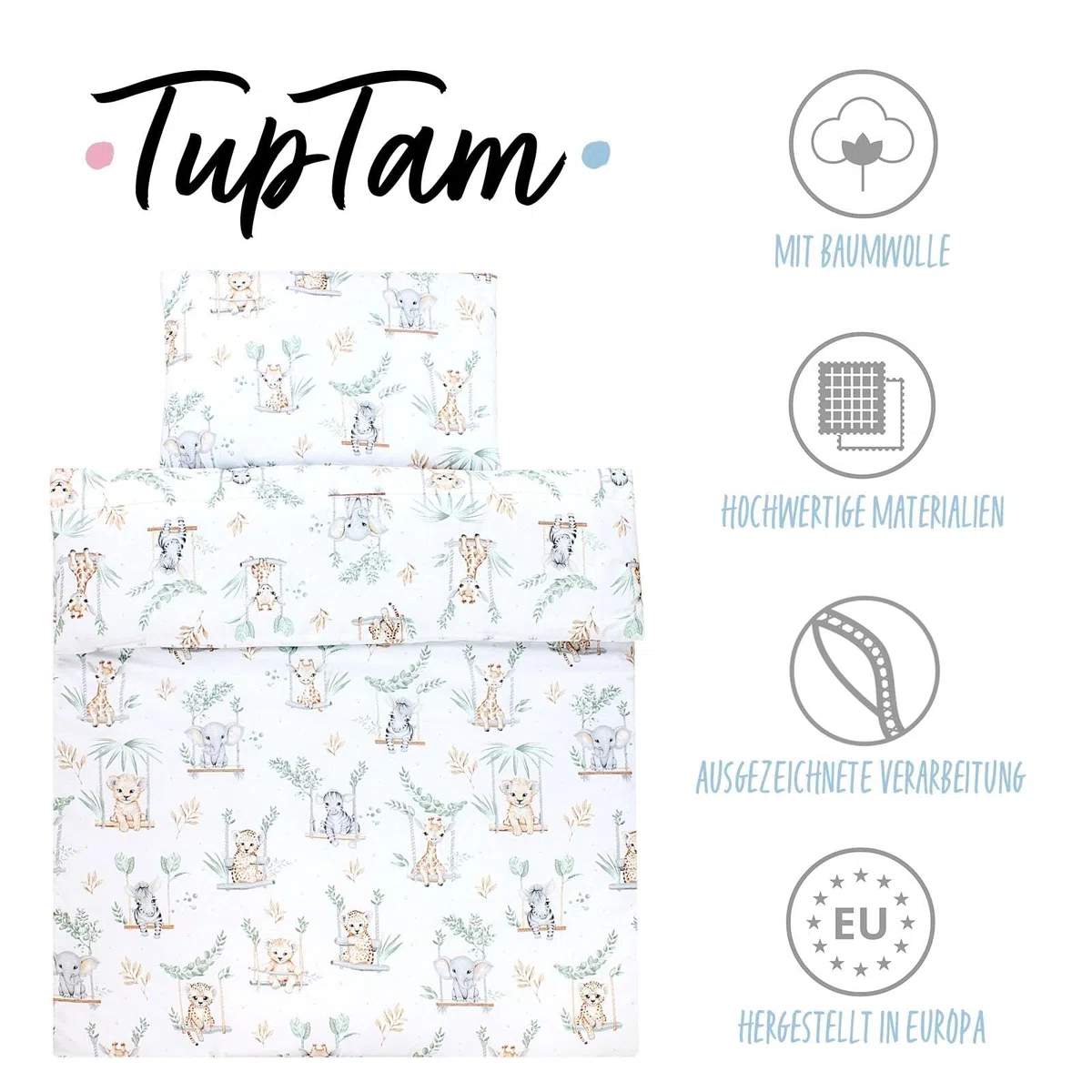 TupTam Set di Piumone Fantasia per Bambini Tutte le Stagioni Cuscino Piatto 2 pz., Safari sull'altalena, 135x100 cm