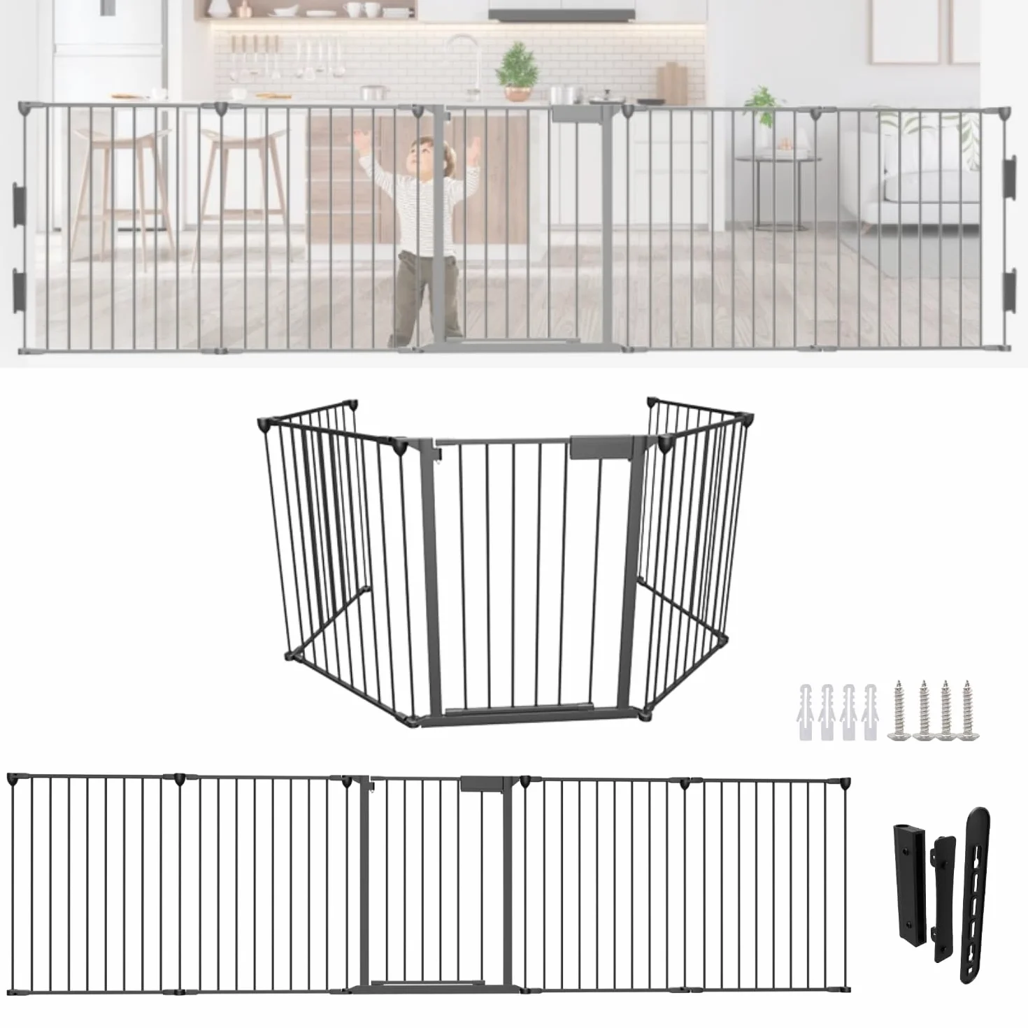 Sonnewelt Cancelletto per bambini 310 cm, Cancello per cani， griglia di protezione per porta, 5 pezzi, in metallo, per bambini e animali domestici, colore: nero