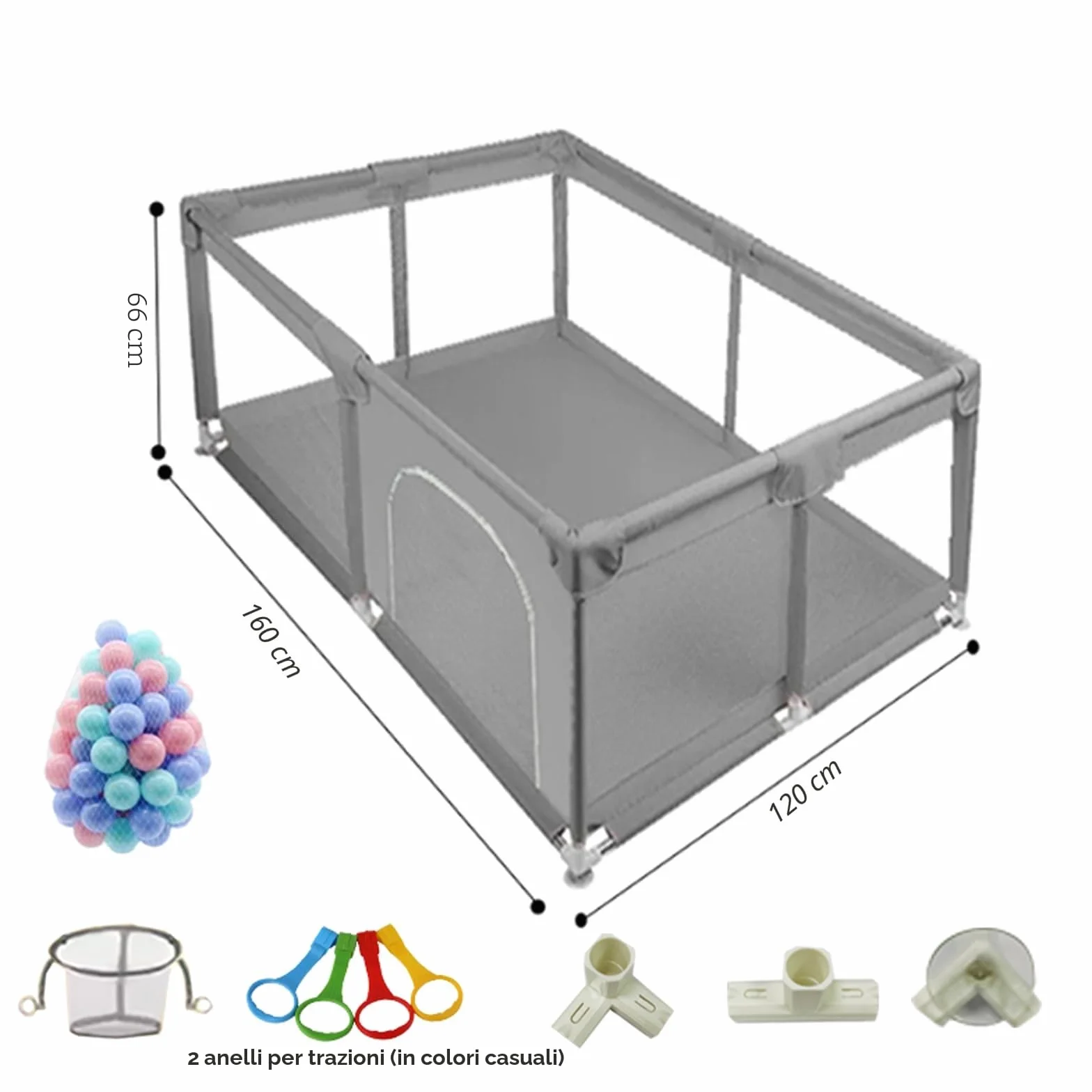Recinto Gioco Pieghevole 160×120 cm Grigio per Neonati | Dotato di sacco portapalle e anelli tira su, pratico e sicuro per bambini