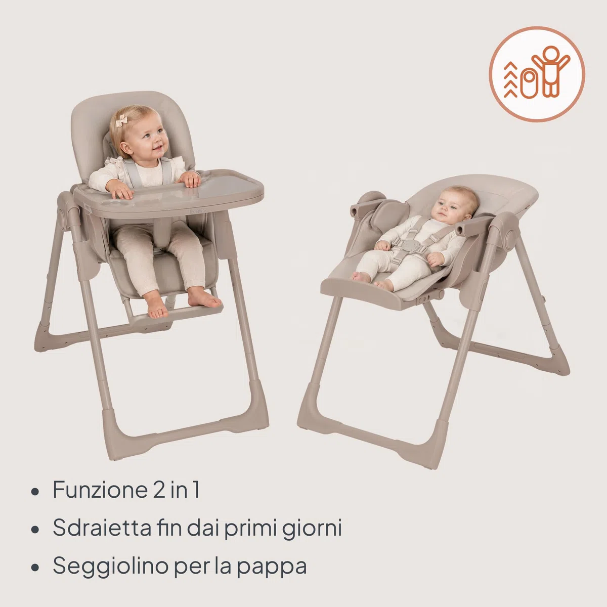 Lionelo Linn Plus Seggiolone Pappa Regolabile 2in1 Fino a 15 kg, Sedia con Funzione Sdraietta Dalla Nascita, Pieghevole, Ruote, Regolazione con una Mano, 6 Altezze, 3 Posizioni, Vassoio Lavastoviglie