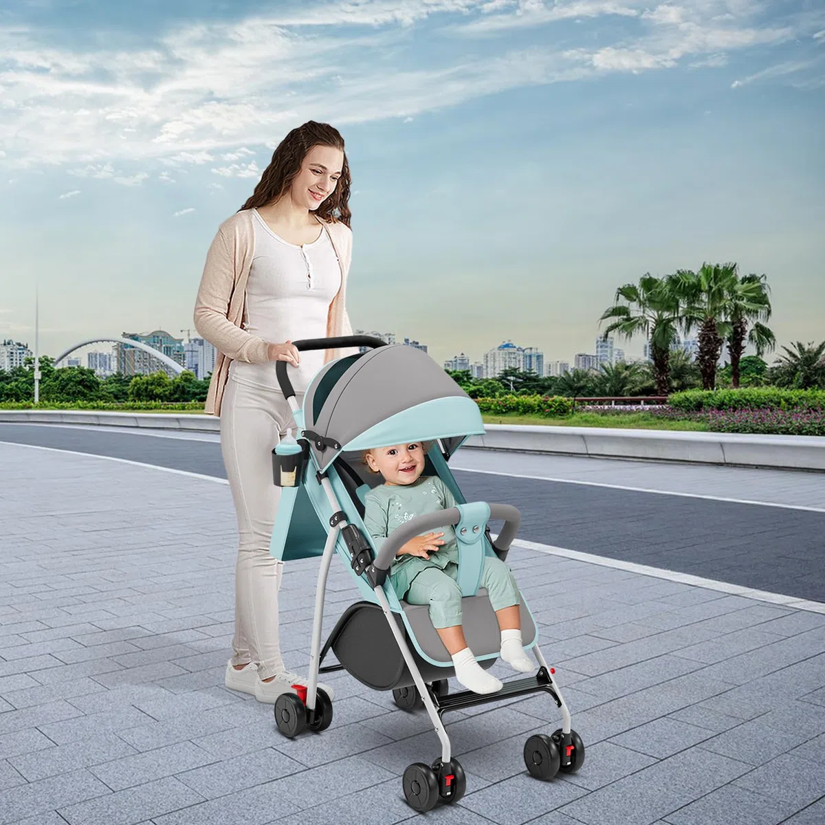 OHMG Passeggino Canne,Passeggino a canna compatta 0-36 kg,Passeggino da viaggio con cotone e zanzariera,Carrello di acquisto con funzione estensibile,Cappuccio estensibile (C-azzurro)