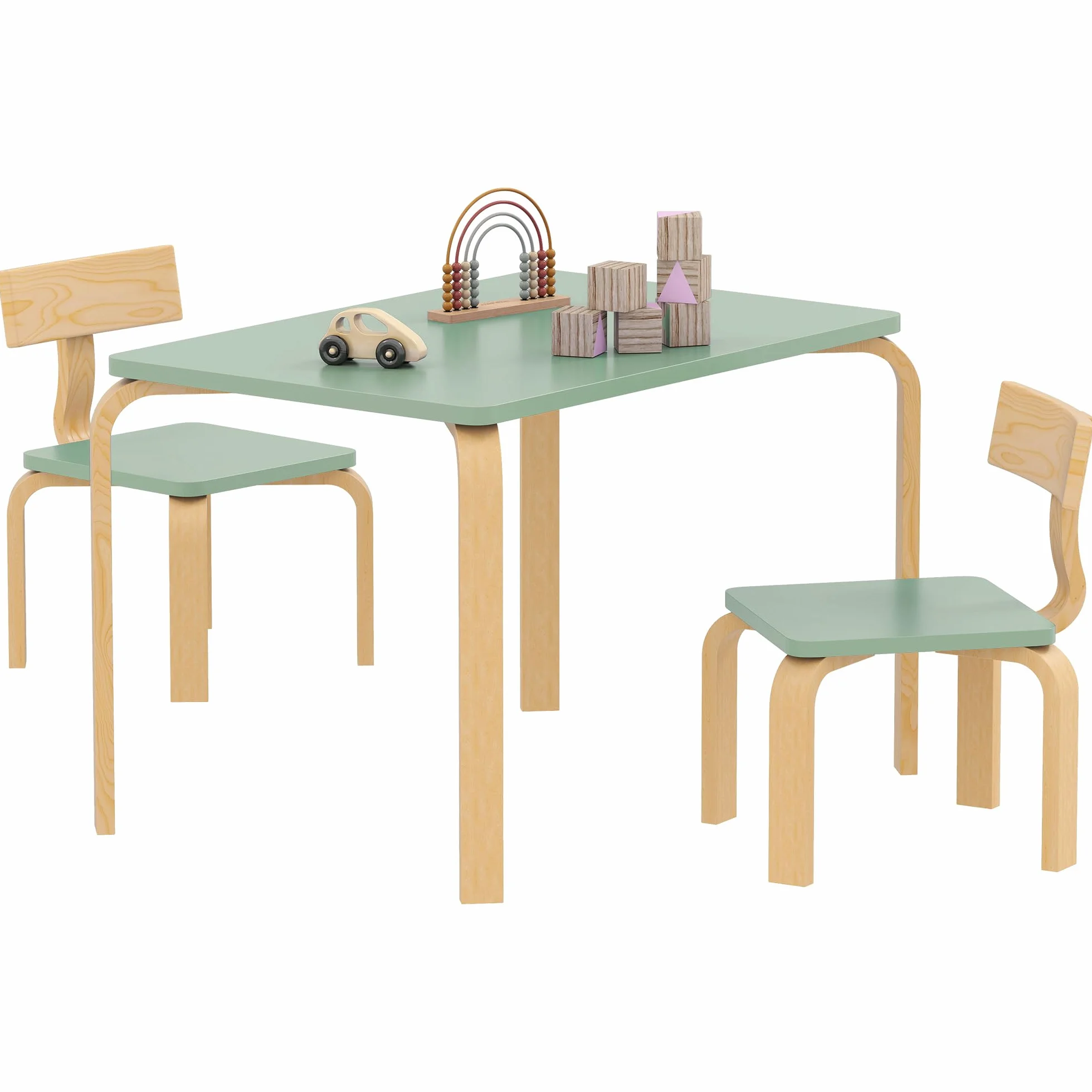 AIYAPLAY Tavolo per bambini con sedia, set di tavolo e 2 sedie in legno per disegnare, giocare, studiare, regalo per bambine e bambini 3-8 anni, per cameretta, camera da letto, asilo, verde