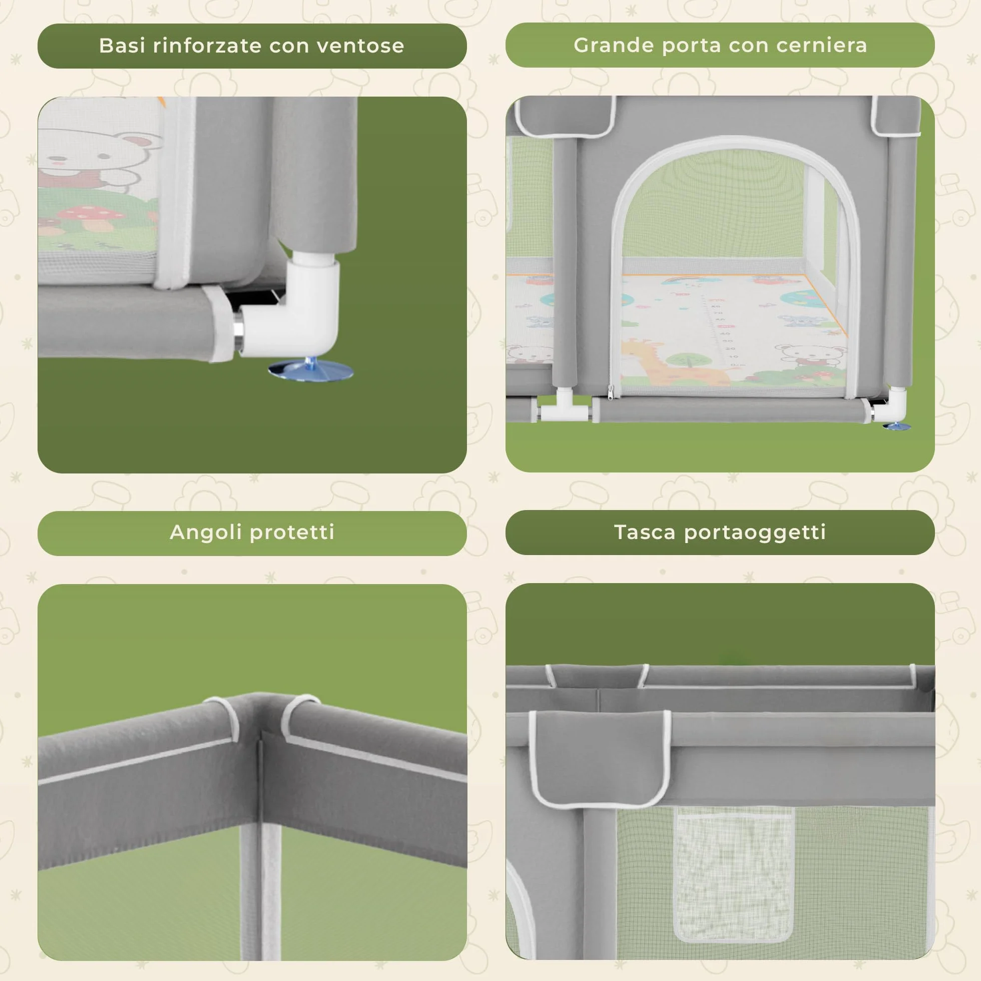JUPPLIES Box Bambini 120×120 cm Recinto Gioco per Neonato 6-24 Mesi Rete Traspirante 360° Grigio con materassino