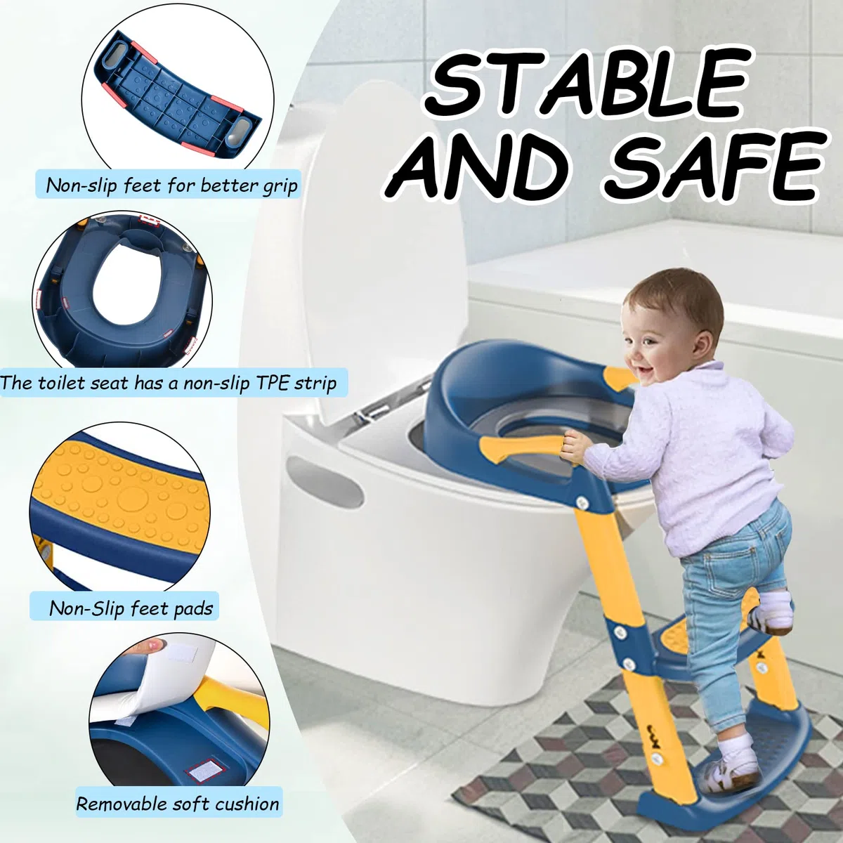 Sedile Riduttore WC per Bambini, Riduttore Water Bambini Regolabile, Toilet Ladder Seat, Pieghevole Training WC Vasino Sedile, Vasino Pieghevole Allenatore WC Scala con Pedali Paraspruzzi Cuscino