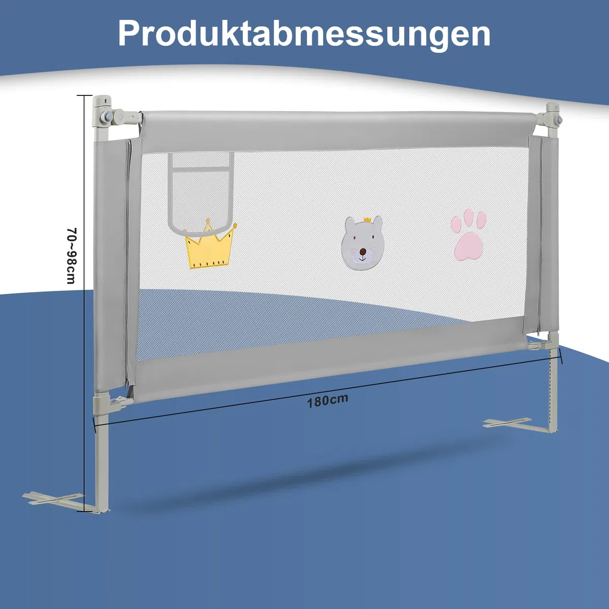 Barriera per letto 180 cm, Barriera pieghevole per letto per bambini, Protezione per letto per bambini per prevenire le cadute, Barriera per bambini piccoli, Facile da montare, Grigio ricamato