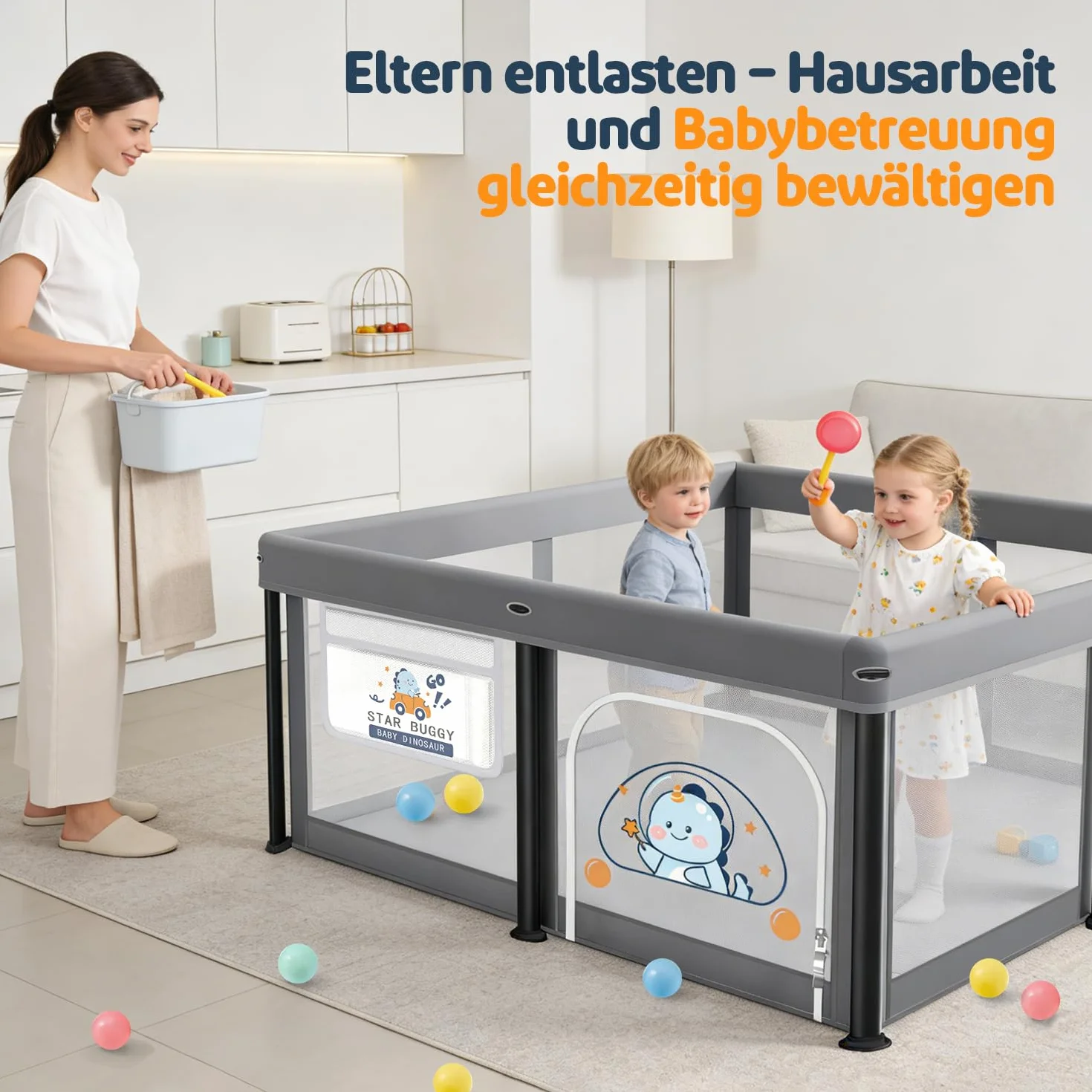Box Bambini Pieghevole con Materasso 127×127cm, Recinto per Neonati e Bambini, Box Gioco Stabile e Sicuro per Interni ed Esterni