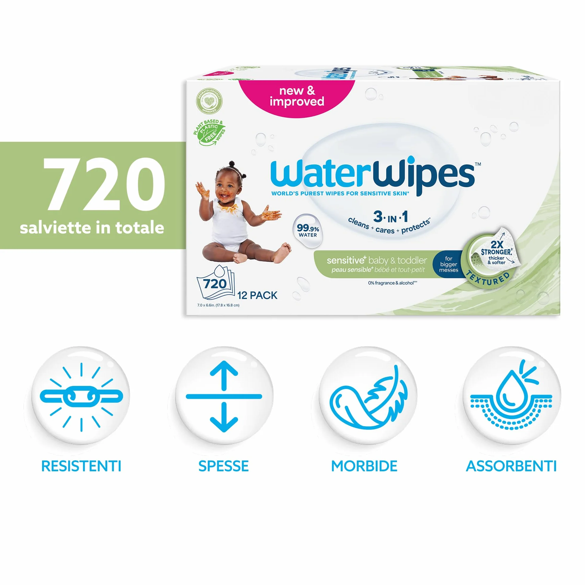 WaterWipes Salviettine Neonati Bambini Piccoli 720 Pezzi 12 Confezioni 99,9% Acqua Senza Profumo