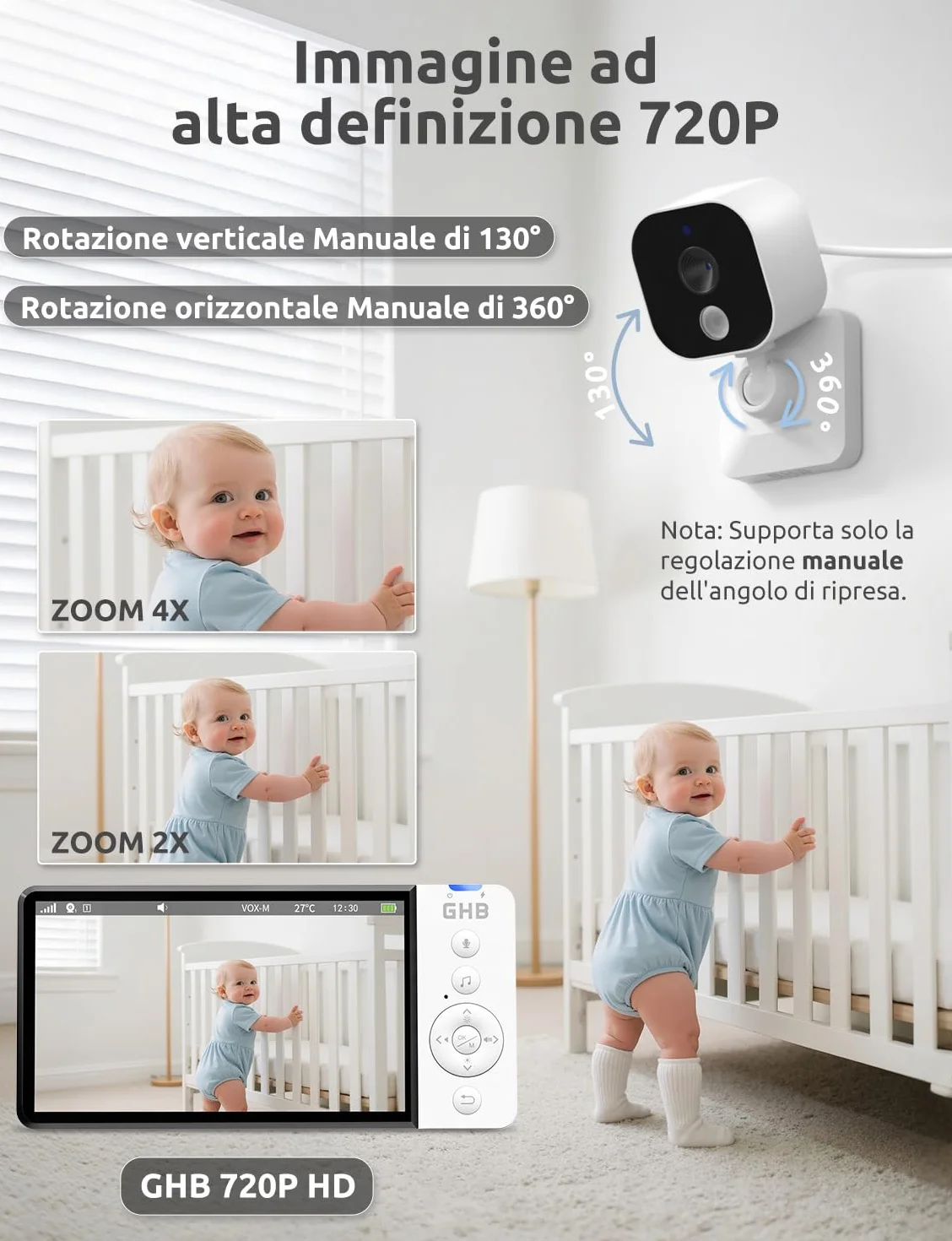 GHB Baby Monitor Video e Audio 5" 720P HD Telecamera Bambini con Schermo IPS 5000mAh VOX Visione Notturna Rilevamento della Temperatura