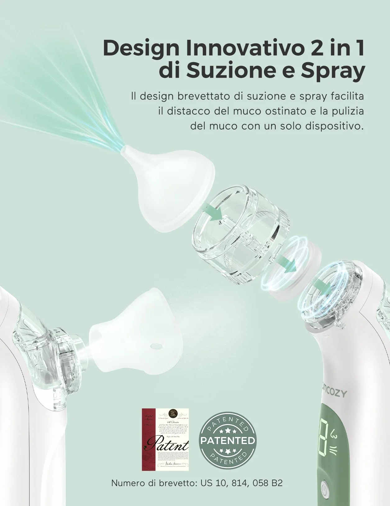 Momcozy Aspiratore Nasale Neonato Elettrico 2 in 1 con Spray, Aspirazione fino a 65 kPa, 4 Livelli Regolabili, Pulisci Naso Silenzioso e Portatile con Luce e Musica