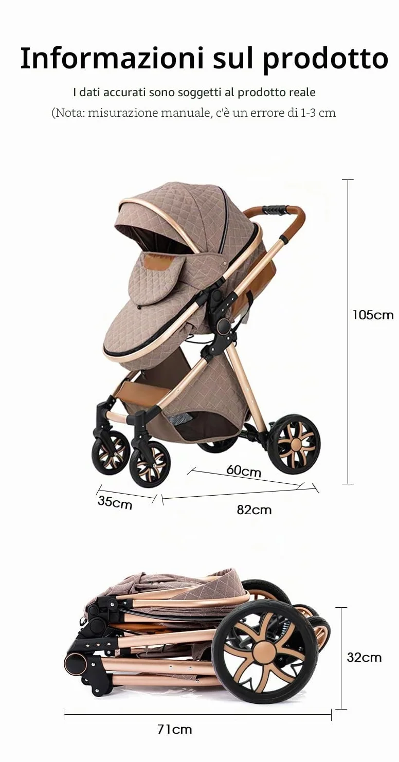YAZOCO Passeggino Trio 3 in 1 Carrozzina Ovetto Pieghevole Set Viaggio Khaki