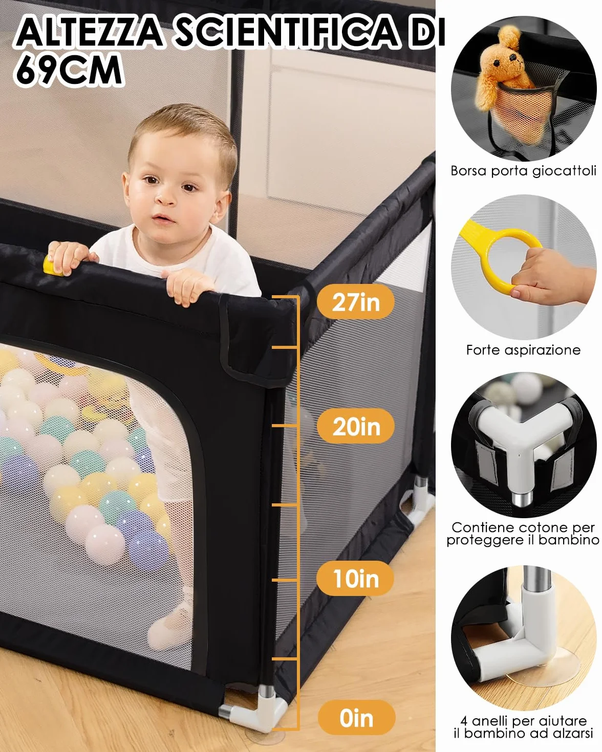 derimkcoa Box per bambini, grande recinto di sicurezza per bambini e bambini, per interni ed esterni, con ventose antiscivolo e cerniera (130 x 130 x 66 cm, nero)