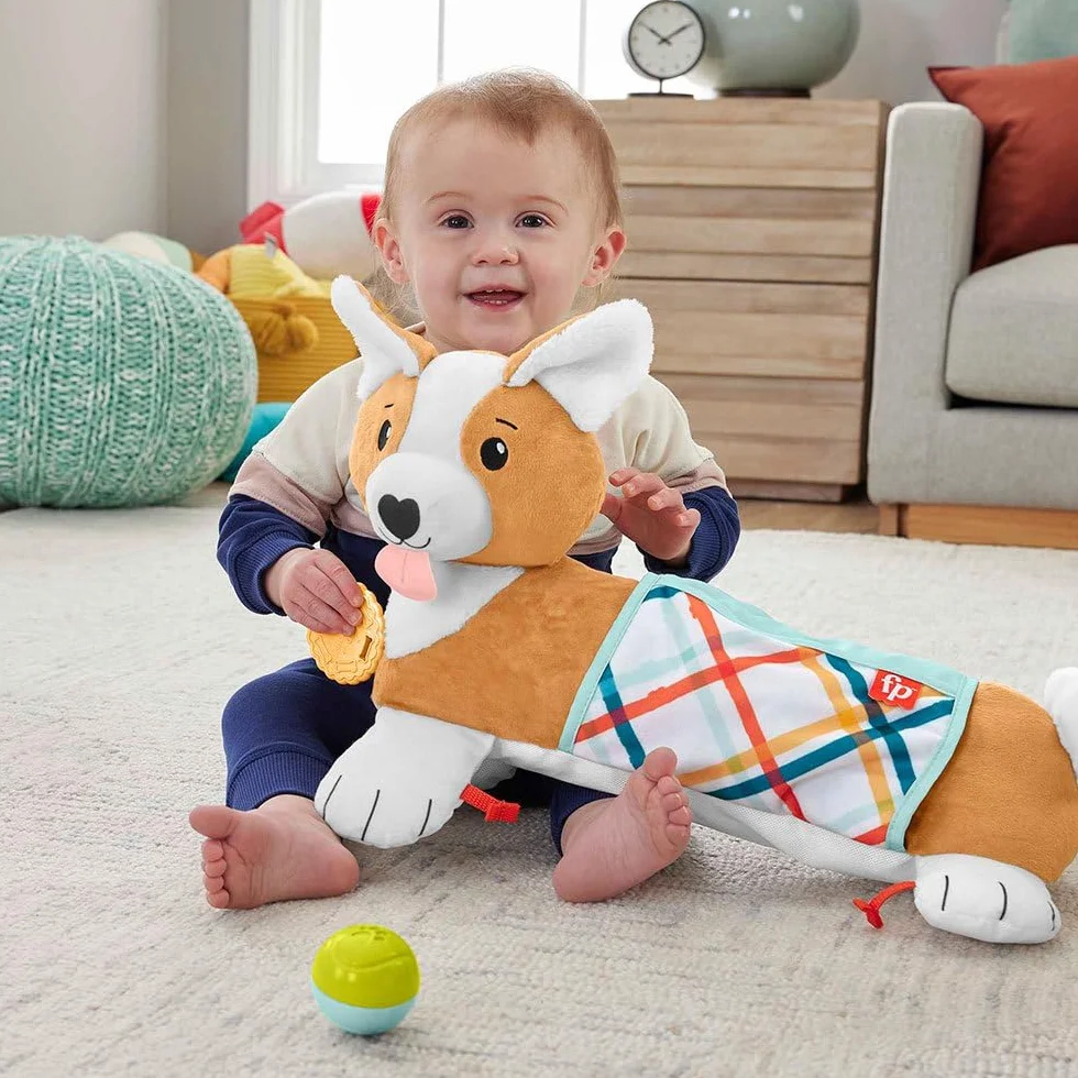 Fisher-Price - Cuscino Corgi Tummy Time 3 in 1, sostiene Il Bambino in 3 Modi Durante Ogni Fase della Crescita: disteso, Seduto, per Gioco di Ruolo; con 1 specchietto e sonaglino Senza BPA, HJW10
