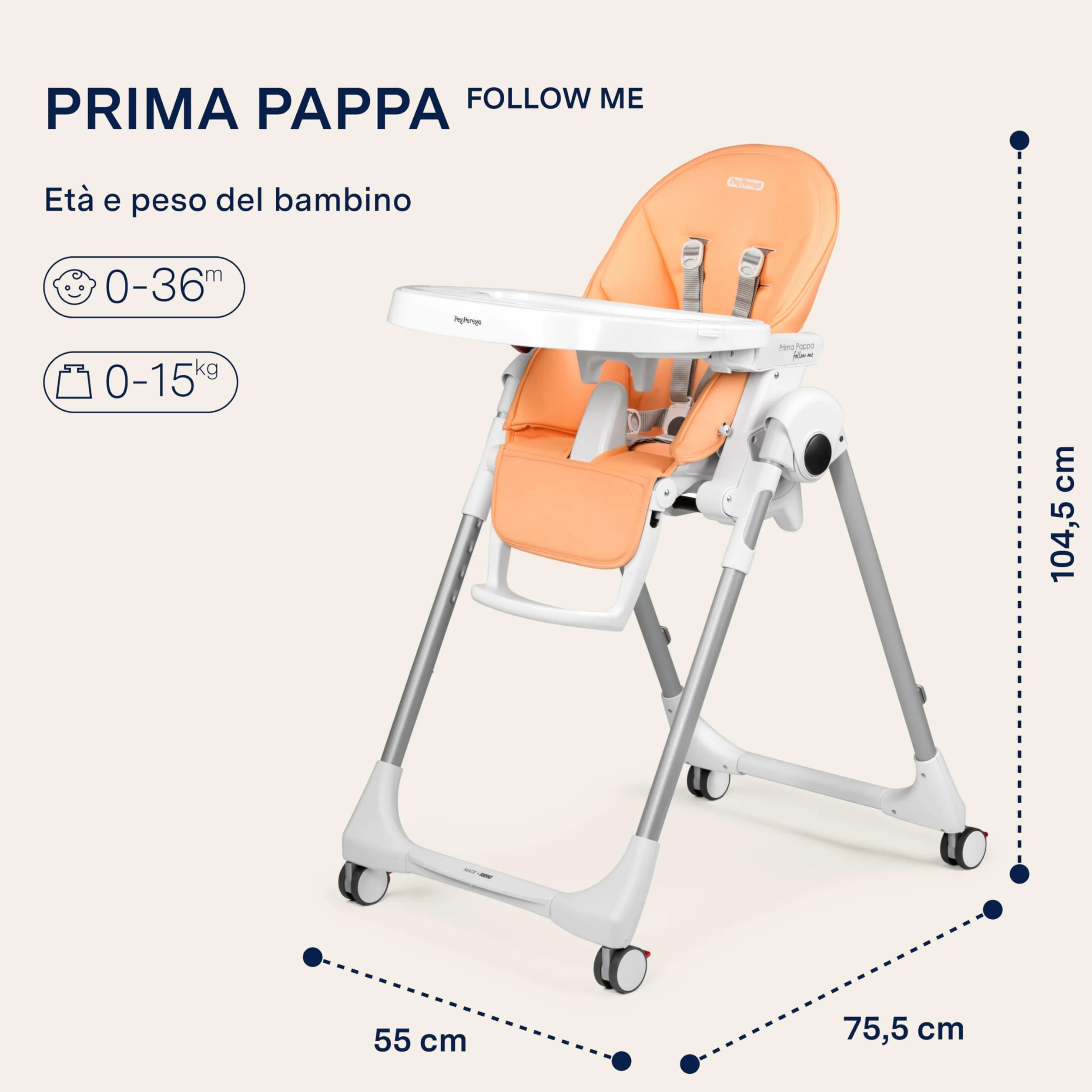 PEG Prima Pappa Follow Me Seggiolone Neonati Reclinabile, Funzione Sdraietta, 4 ruote, Pieghevole, Ultracompatto, 0-3 Anni (0-15 kg), Peach