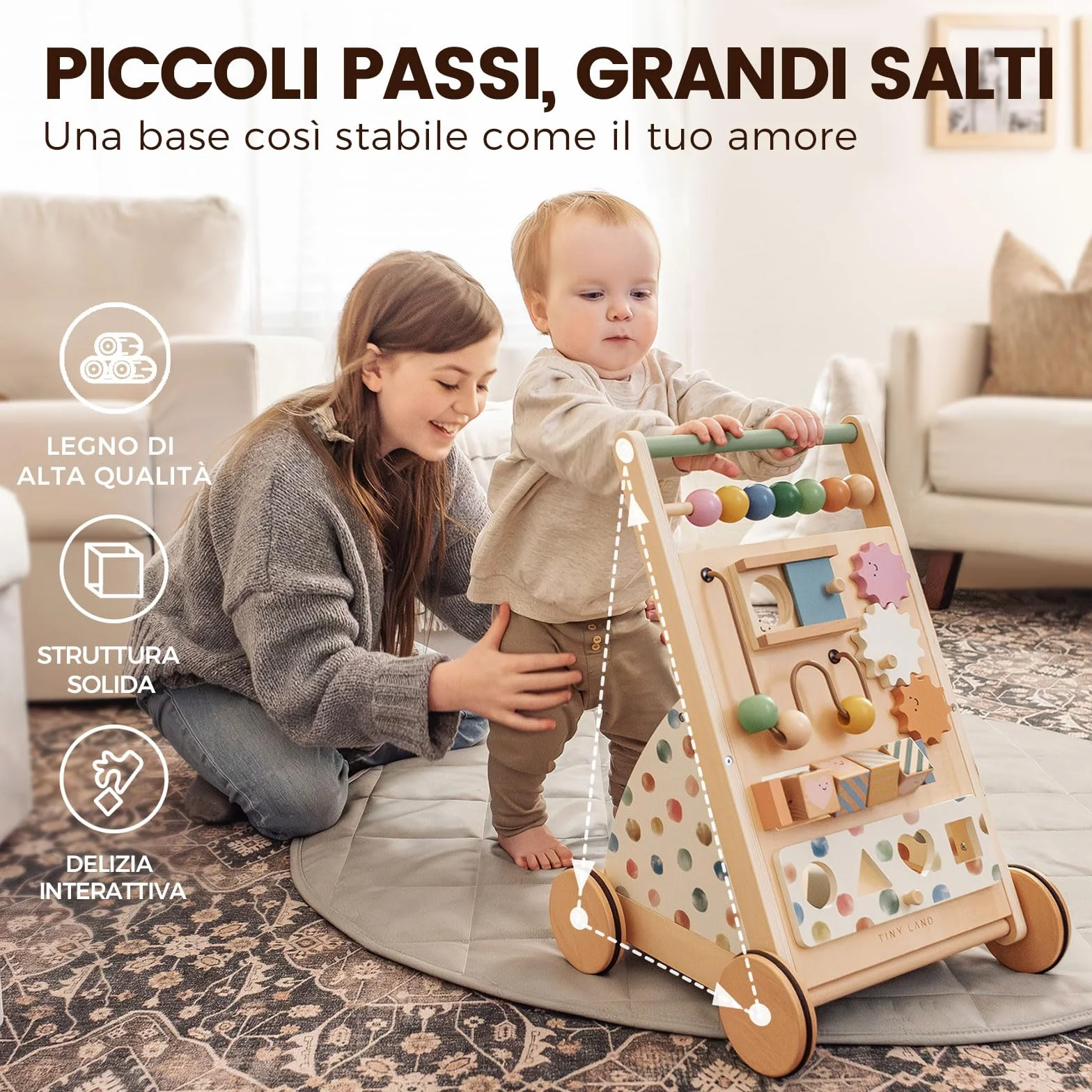 Tiny Land girello in legno, Set Baby Walker, ausilio per imparare a camminare con velocità regolabile per bambini e bambine, ausilio per camminare e centro attività per bambini