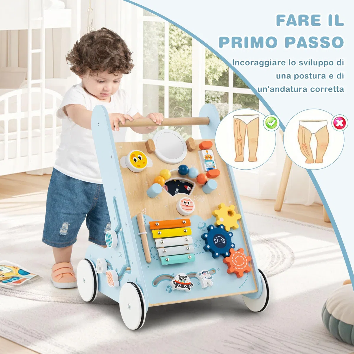 COSTWAY Carrellino Primi Passi 8 in 1, Girello in Legno per Bambini, Giocattolo Montessori, Centro Attività di Apprendimento a Spinta, Giocattolo a Spinta per Bambini di 1+ Anni (Blu)