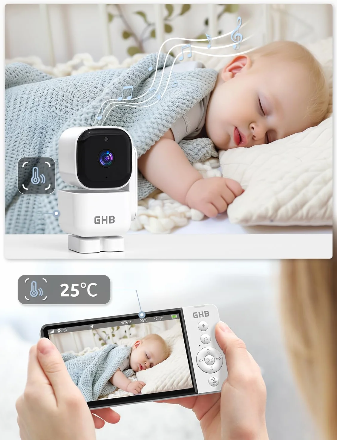 GHB Baby Monitor 5" 720HD 168 Ore Autonomia 350° Telecamera Rotante Rilevamento Temperatura VOX Visione Notturna