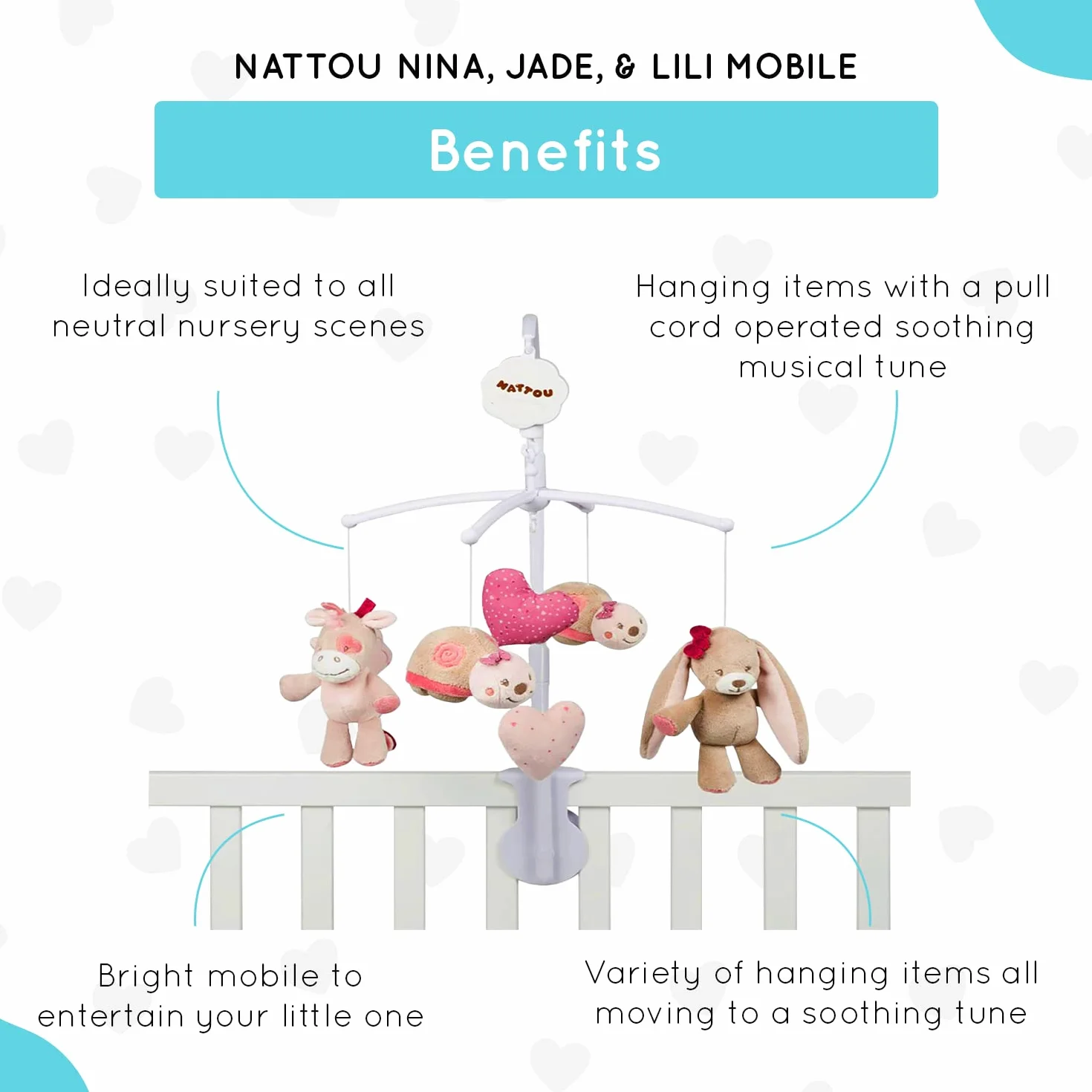Nattou Giostrina musicale, Nina, Jade e Lili, Melodia "La-Le-Lu", 37 x 31 x 9 cm, Beige/Rosa/Bianco, 987240