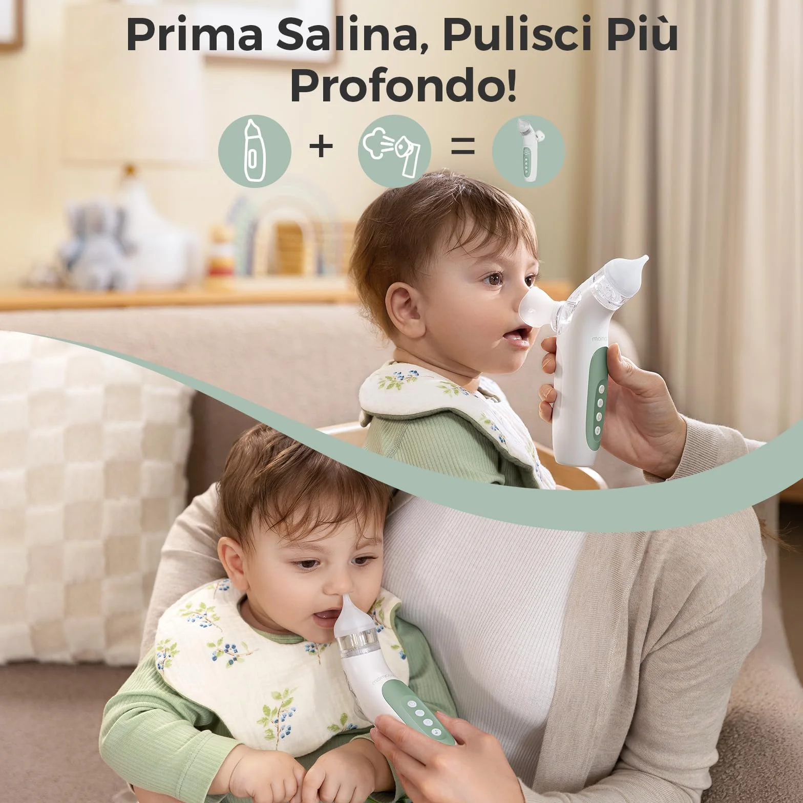 Momcozy Aspiratore Nasale Neonato Elettrico 2 in 1 con Spray, Aspirazione fino a 65 kPa, 4 Livelli Regolabili, Pulisci Naso Silenzioso e Portatile con Luce e Musica