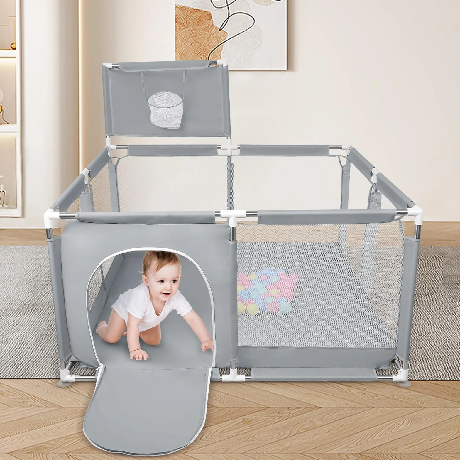 Box per Bambini, Recinto per Bambini Pieghevole in Tessuto Oxford con Rete Traspirante, Box per Neonati con Giochi che Include 50 Palline (126 x 126 x 66 cm, grigio scuro)