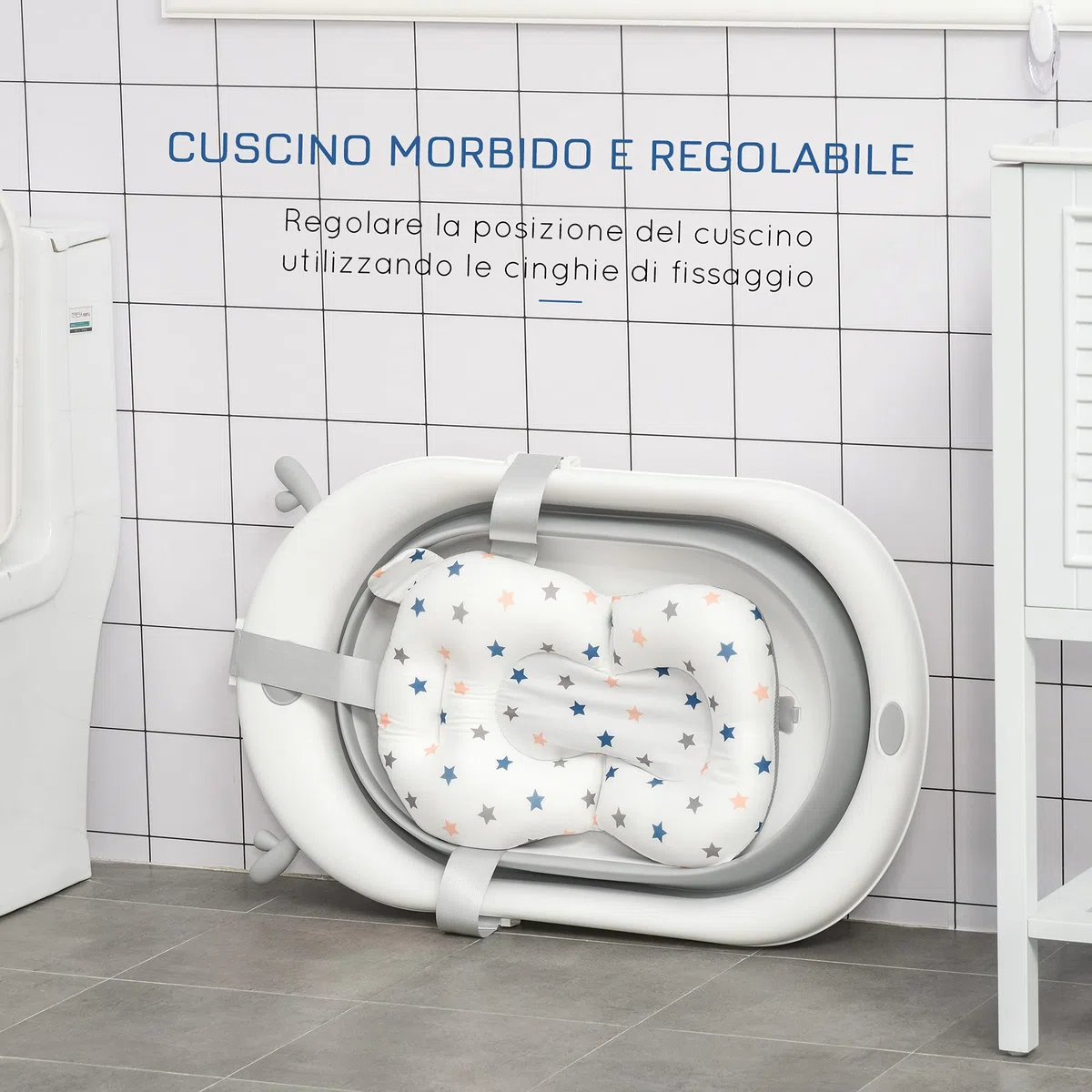 HOMCOM Vaschetta Bagnetto Pieghevole per Bambini 0-3 Anni con Indicatore di Temperatura e Cuscino, 81.5x50.5x23.5cm, Bianco