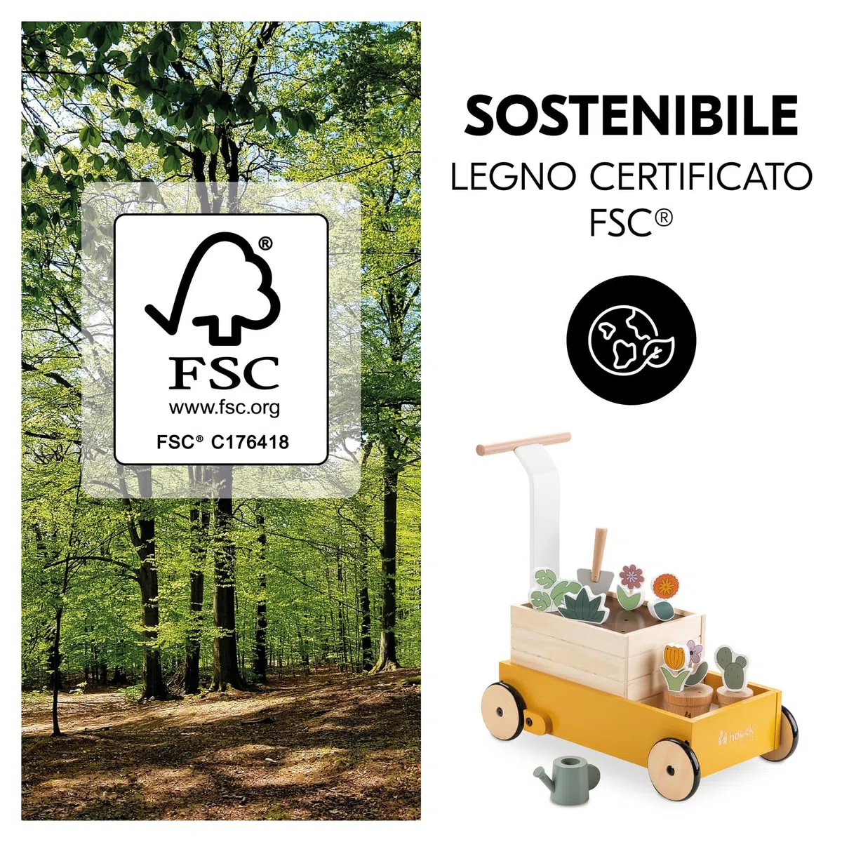 hauck Learn to Walk, Piante - Carrello Primi Passi Bambino dai 12 Mesi - Camminatore Interattivo con Gioco Giardinaggio - Sistema Frenante Regolabile, Favorisce Motricità Fine