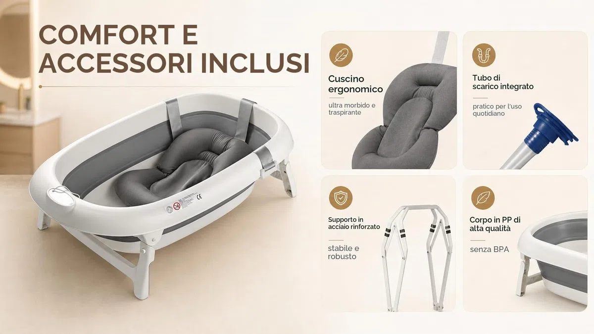 Vasca da bagno pieghevole con supporto in acciaio – Vasca da bagno per neonati con termometro e tubo di scarico – Cuscino ergonomico neonato – guadagno di spazio piccolo bagno – 0-3 anni