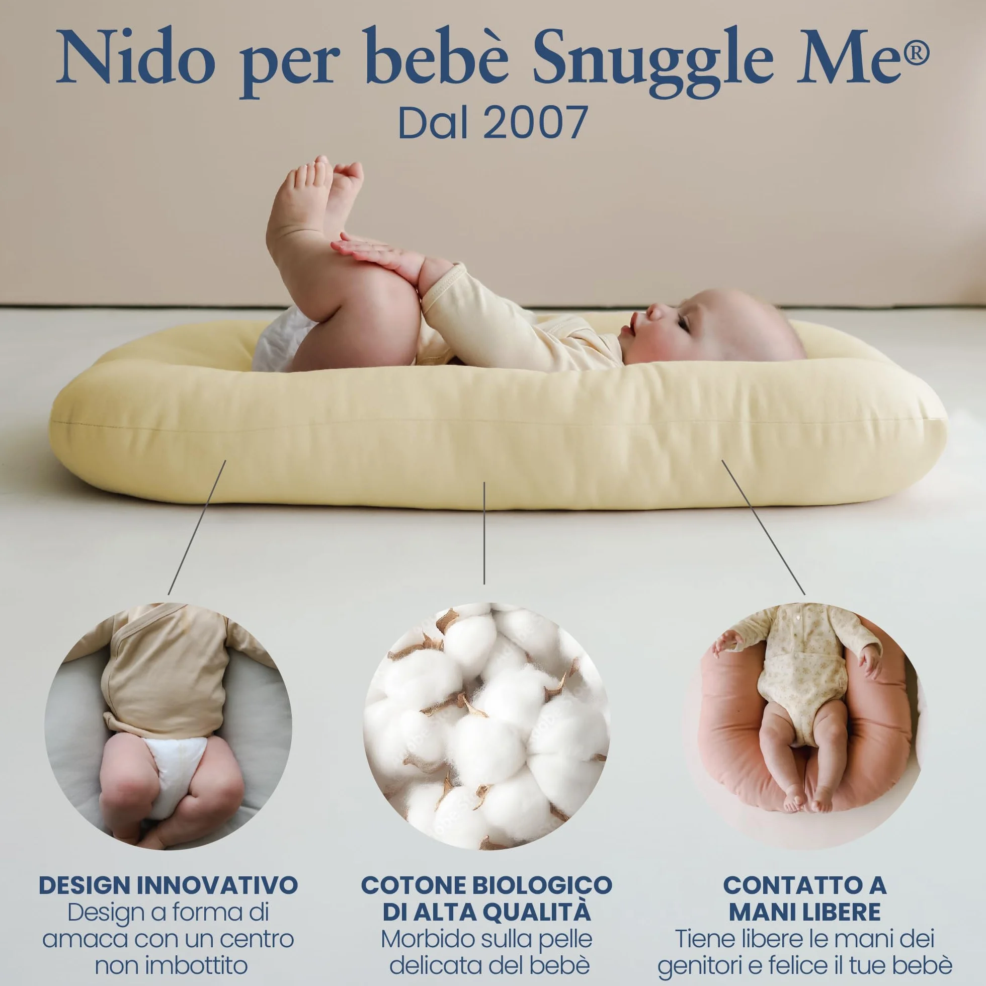 Snuggle Me® Nido Neonato 0-9 Miesiąc - Poduszka Gniazdo z Bawełny Organicznej, Wypełnienie Fibrefill, Pranie w Pralce, Torba Podróżna Honey