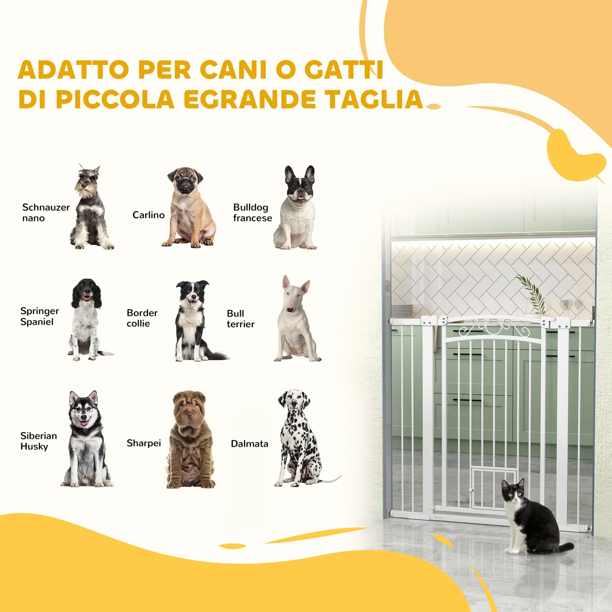 PawHut Cancelletto di Sicurezza per Cani da Interno 76-104 cm con Porta per Gatti, Alto 106 cm, Bianco
