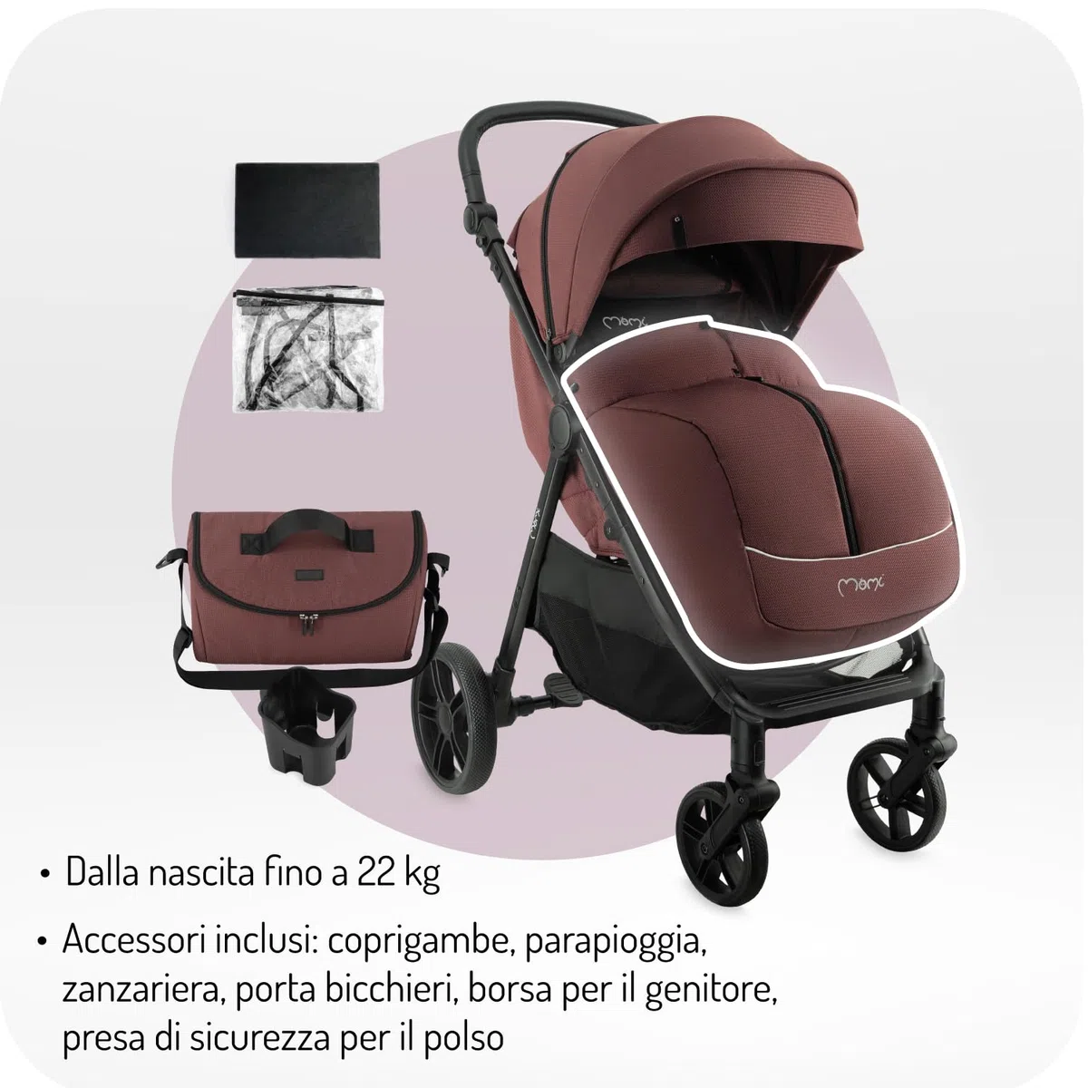 Il passeggino MoMi CLARA a partire da 6 mesi, fino a 22 kg di peso corporeo, cinture di sicurezza a 5 punti, coprigambe, portabicchieri, cestino per la spesa, borsa, zanzariera, telo parapioggia