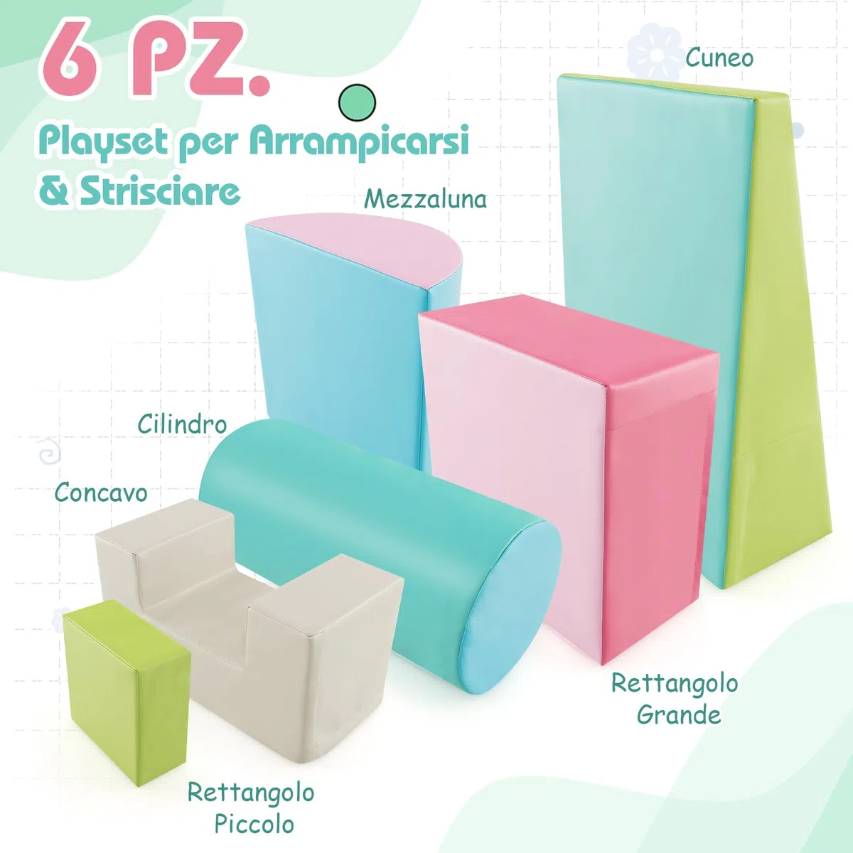 COSTWAY Set di 6 Blocchi per Bambini con Diverse Forme e Colori, Centro Attività Palestrina Giocattolo per Arrampicata e Strisciamento (Verde)