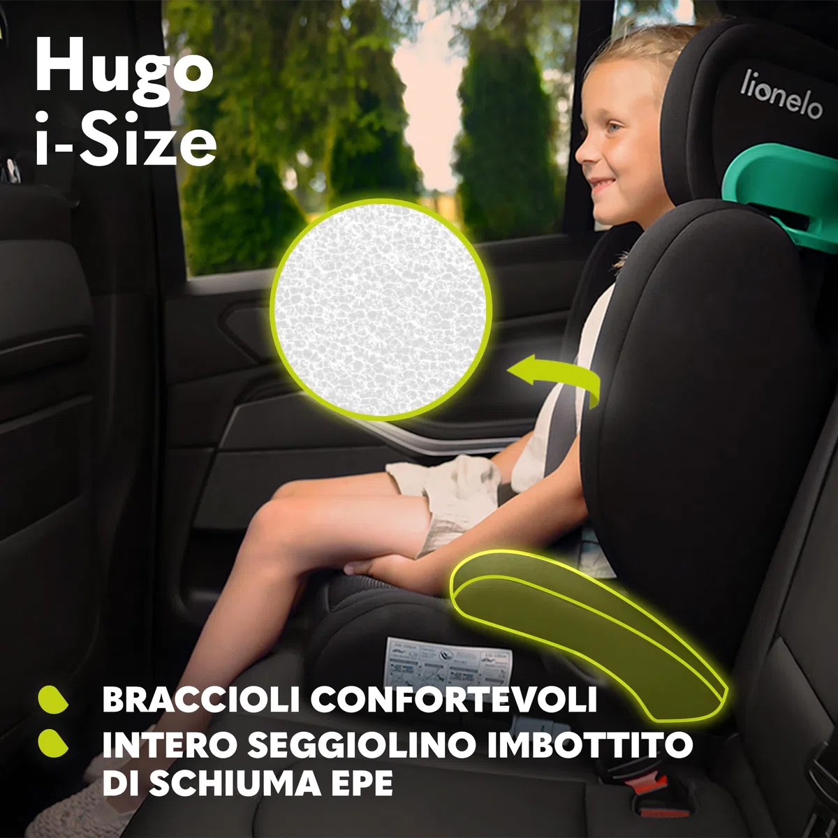 Lionelo Hugo I-size Seggiolino Auto ISOFIX con l'ultima Norma i-Size R129 per bambini Gruppo 2-3 (100-150cm) Poggiatesta a 8 Livelli,Memory Foam,Poggiabraccia,Protezione
