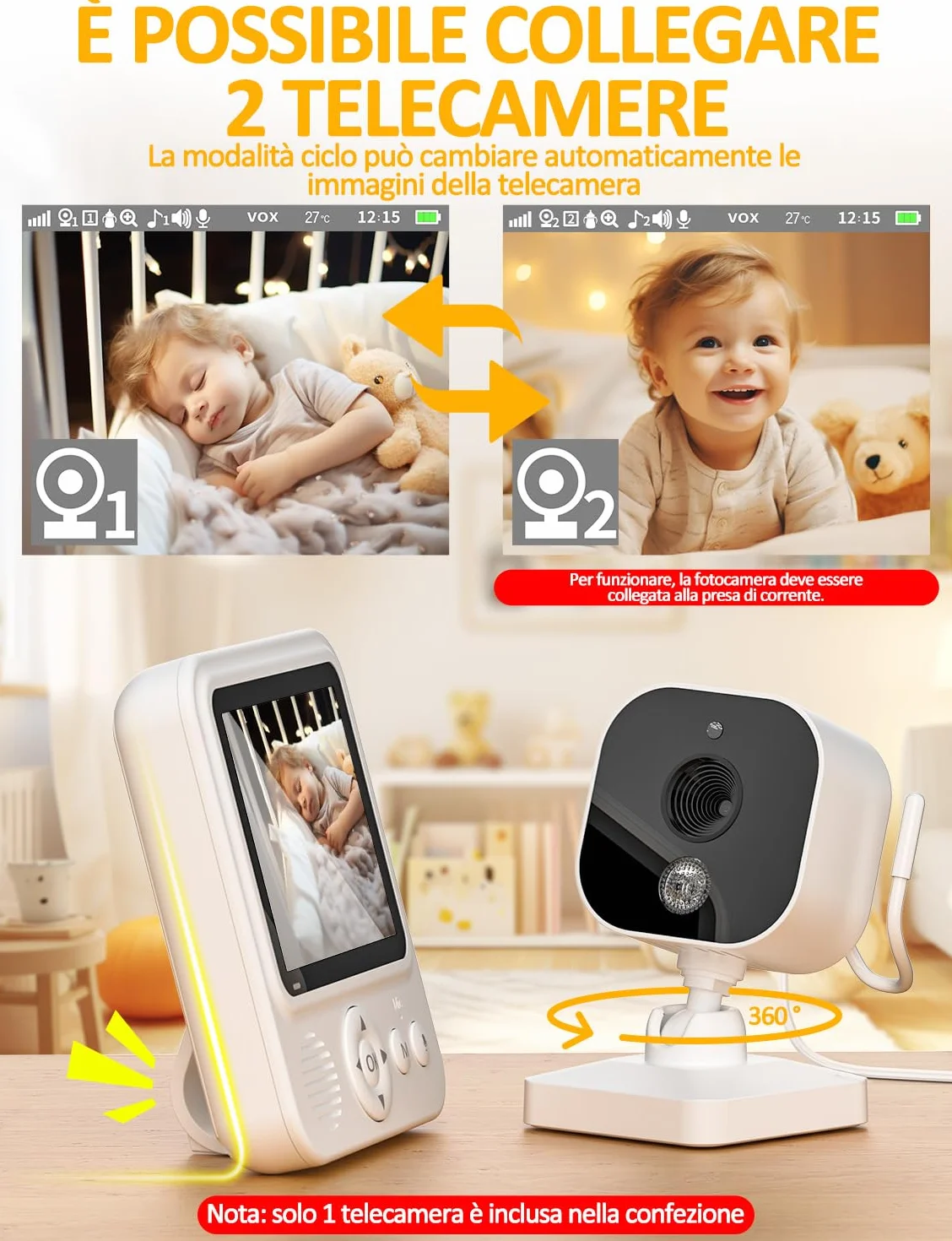 Baby Monitor Video e Audio 2,8" 720P LCD IPS 2000mAh USB-C con Zoom Digitale VOX Visione Notturna Comunicazione Bidirezionale
