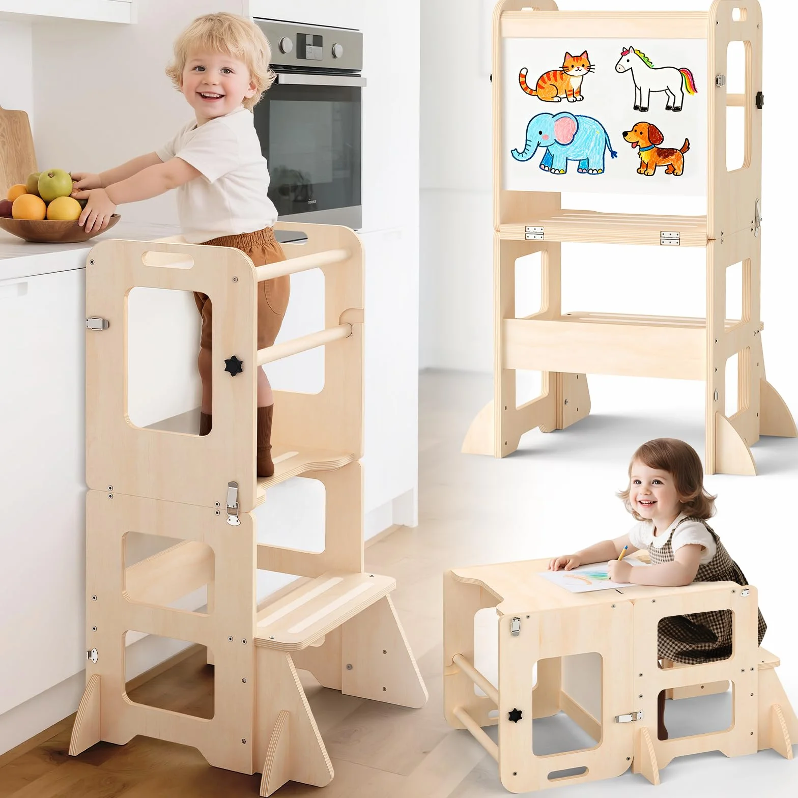 Torre Montessoriana 4 in 1 Pieghevole per Bambini da 1 Anno con Lavagna e Lavagna Bianca, Regalo 1-3 Anni