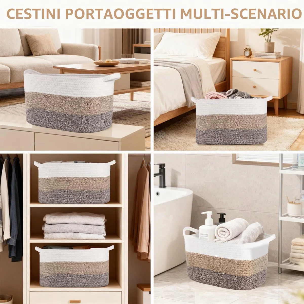 AOFANGSHIYE3 cesti di stoccaggio, corda di cotone per bambini cesto regalo, giocattoli per bambini cesto di stoccaggio(bianco marrone)