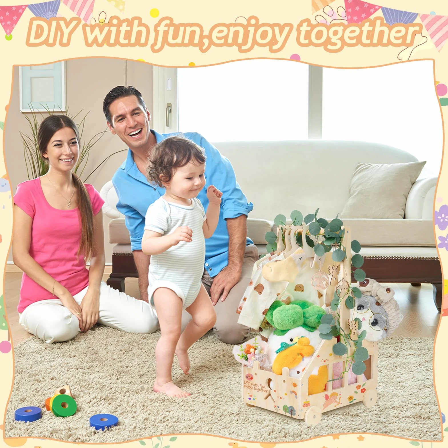 Wooden Baby Basket Cesto Baby Shower con Manico Cestino in Legno per Baby Shower con Ruote Cesta Giochi Bambini in Legno Cesto Portagiochi Bambini con Tag e Appendiabiti Cesto Nascita Bimba